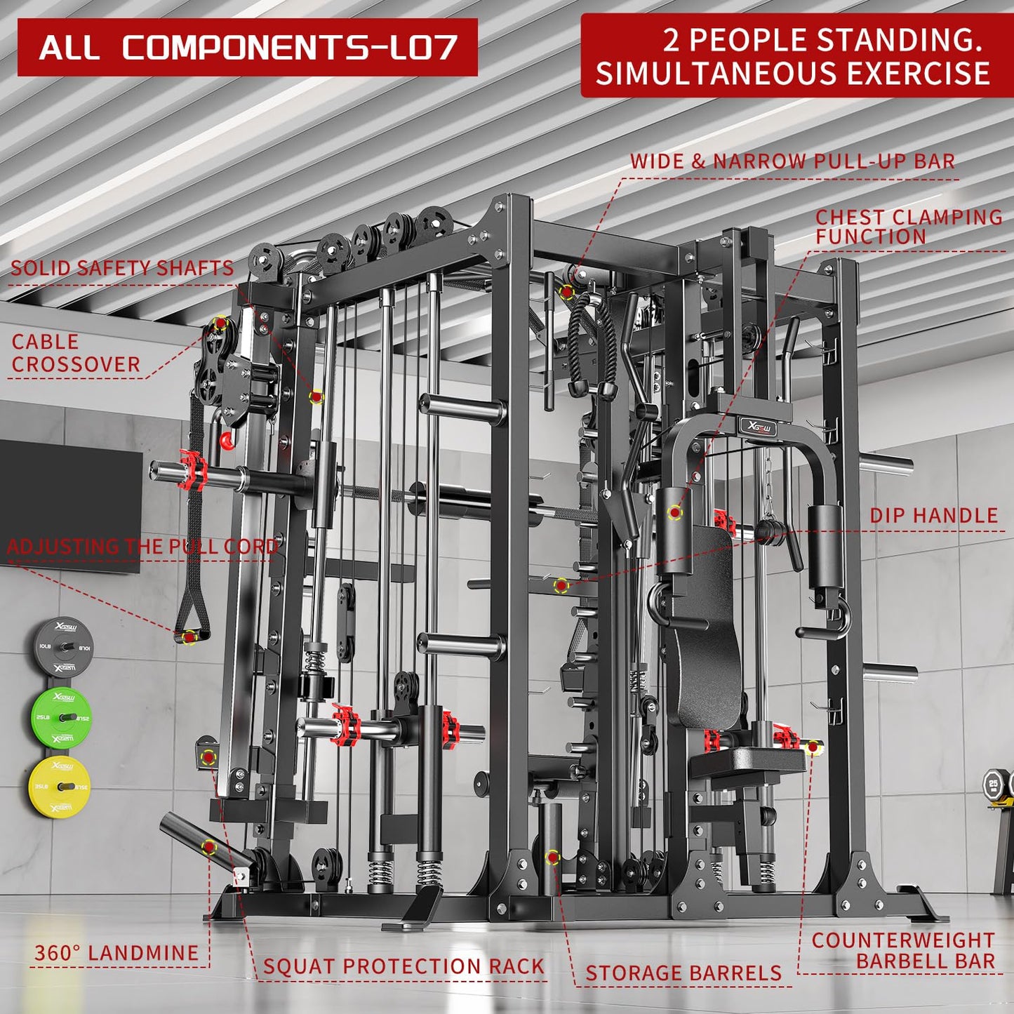 Multi-Purpose Squat Rack,Smith Machine Weight Rack Set with Cable Crossover System, Home Gym Power Racks, Power Racks and Packages (L07 two users, Power cage Black+bench+(pole+Cast lron)250LBS)