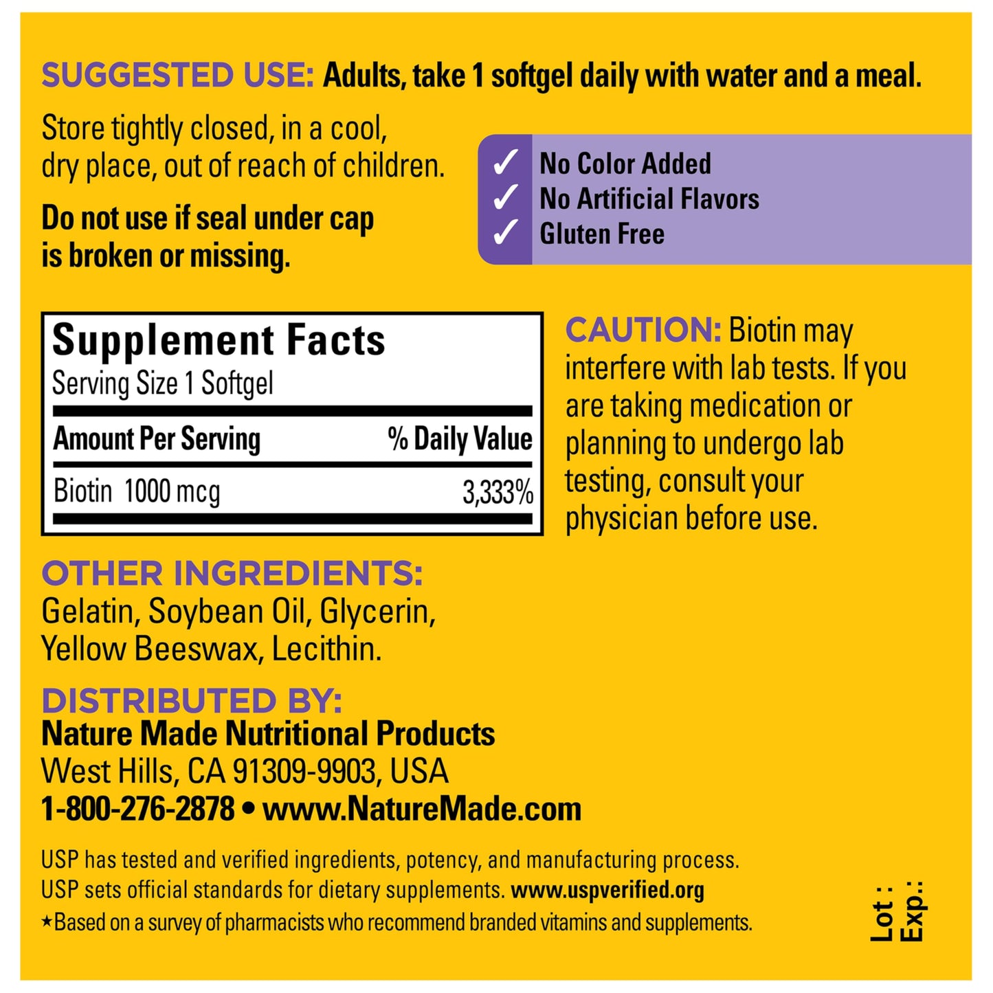 Nature Made Biotin 1000 mcg Softgels, Biotin Vitamins Dietary Supplement, Supports Healthy Hair & Skin, 120 Softgels, 120 Day Supply