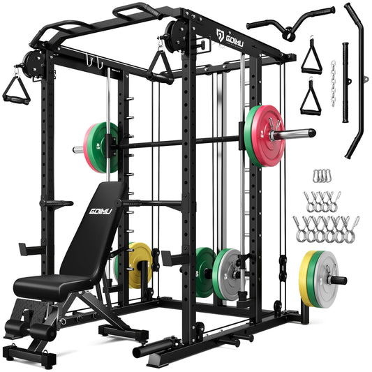 Goimu S1-V4 Smith Machine, 2000LBS Power Cage with Cable Crossover System, All-in-One Squat Rack with Smith Bar, Strength Training Equipment for Hone Gym (Black Smith Machine wiht 290lb C Weights)