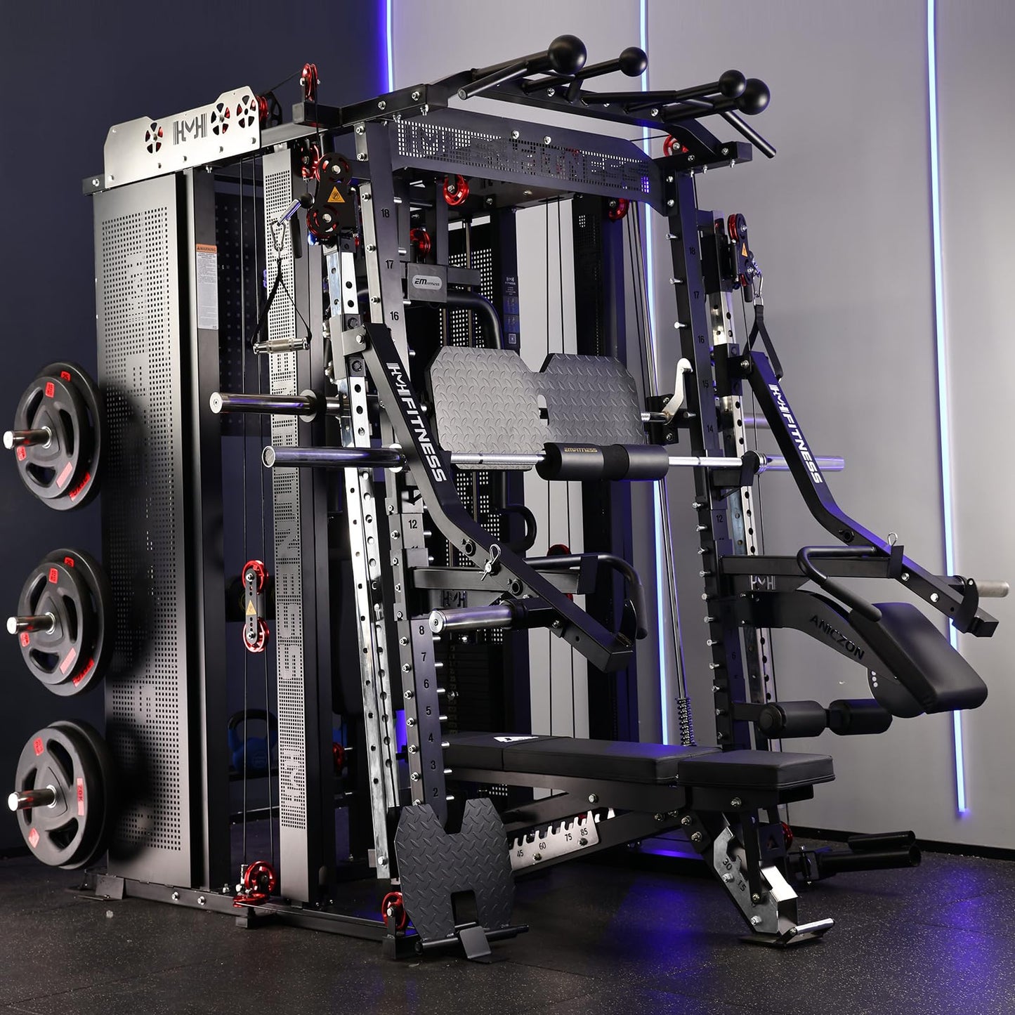 Commercial Smith Machine with Smith Bar, Power Cage Squat Rack with Lever Arm, Leg Press, LAT Pull Down System, Cable Crossover Machine (B) S1 Pro + 155KG Weight + Olympic Bar+ M201 Bench
