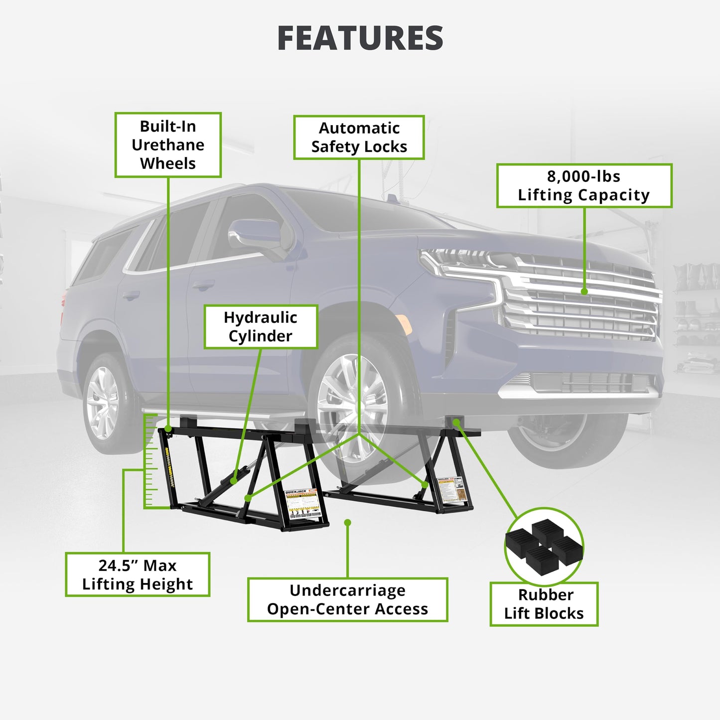 QuickJack 8000TL Portable Car Lift with 8,000lb Capacity, with 110V Power Unit, Safe & Portable Design Garage Lift for Home, Garage, Shop, or Mechanic Auto Repair