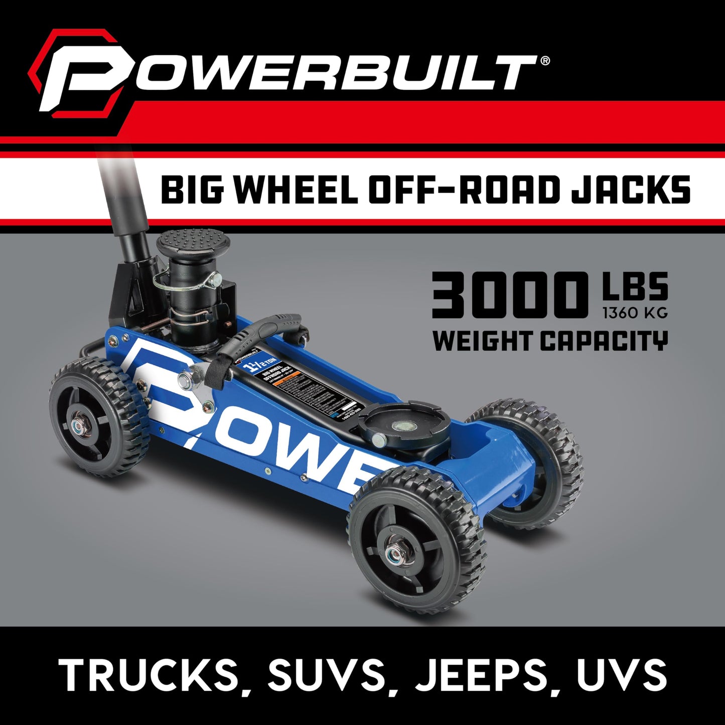 Powerbuilt 1.5 Ton Big Wheel Off Road Jack, Vehicle Lift for Trucks, SUVs, ATVs Offroad Vehicles, Oversized Wheels for Rugged Terrain, 3000 LB Capacity, Blue 620625ECE