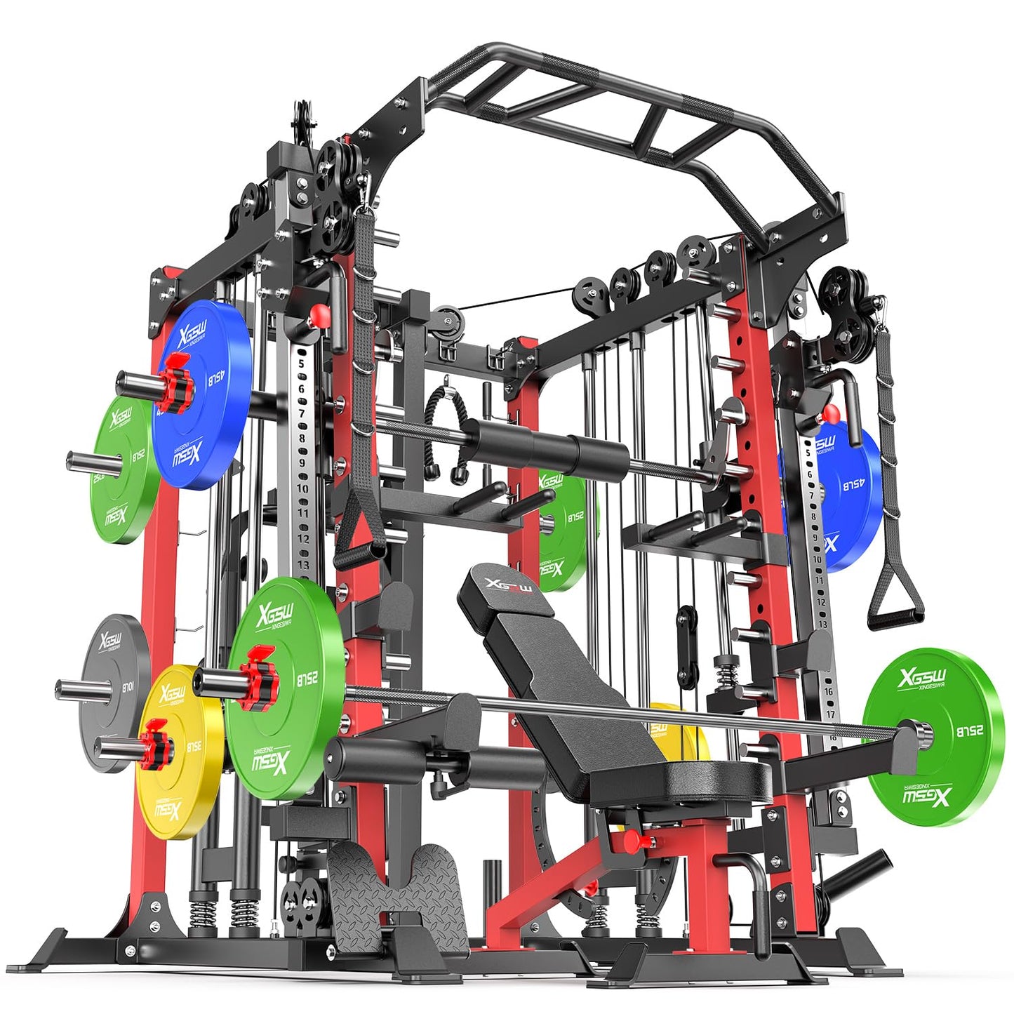 Smith Machine，Multi-Function Squat Rack Power Cage with Cable Crossover System,with Optional Weight Bench, Olympic Barbell Weight Set, for Home Gym (red, L05-Package(（Pole+Color BP） 403LBS)