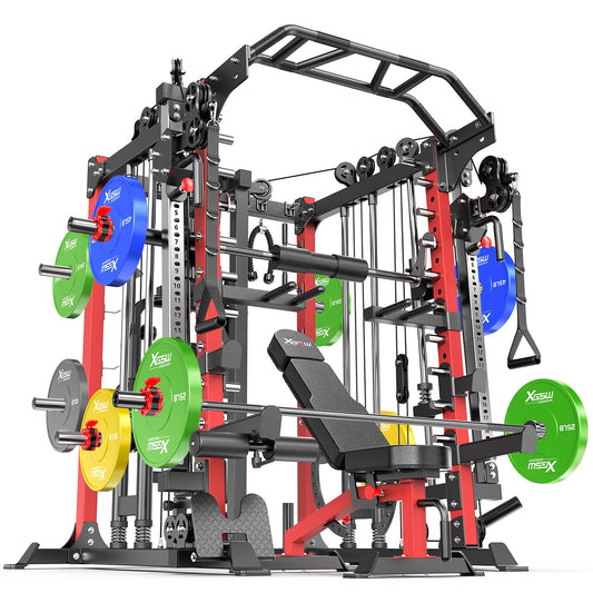 Smith Machine，Multi-Function Squat Rack Power Cage with Cable Crossover System,with Optional Weight Bench, Olympic Barbell Weight Set, for Home Gym (red, L05-Package(（Pole+Color BP） 403LBS)