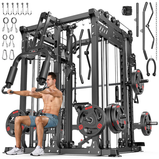 Smith Machine with Cable Crossover System, Multi-Function Power Cage Squat Rack for Home Gym, Power Rack and Packages Weight Sets. (Black, L06-Smith Machine+Bench+(Pole+Cast lron) 336LBS)