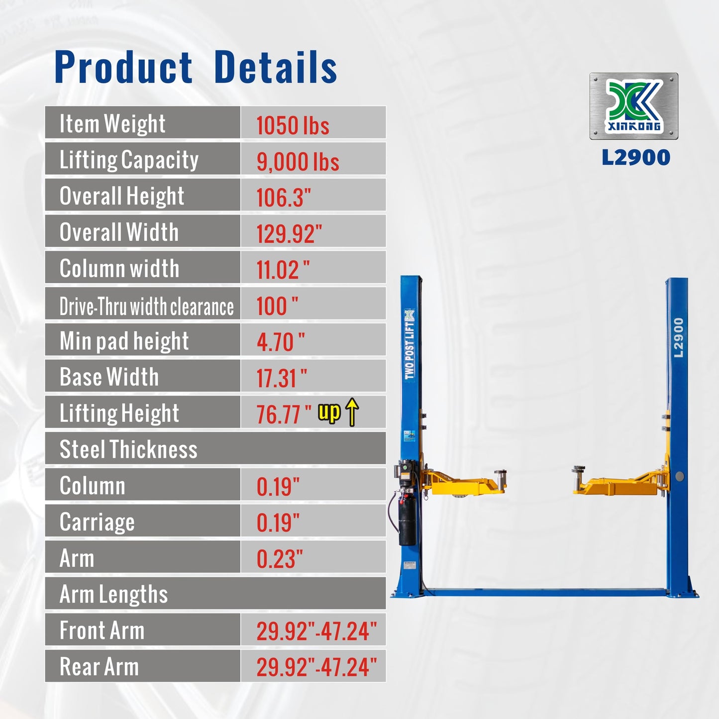 XK L2900 220V Car Lift 9,000 LB 2 Post Lift Car Auto Truck Hoist with 36 Months Parts Replacement