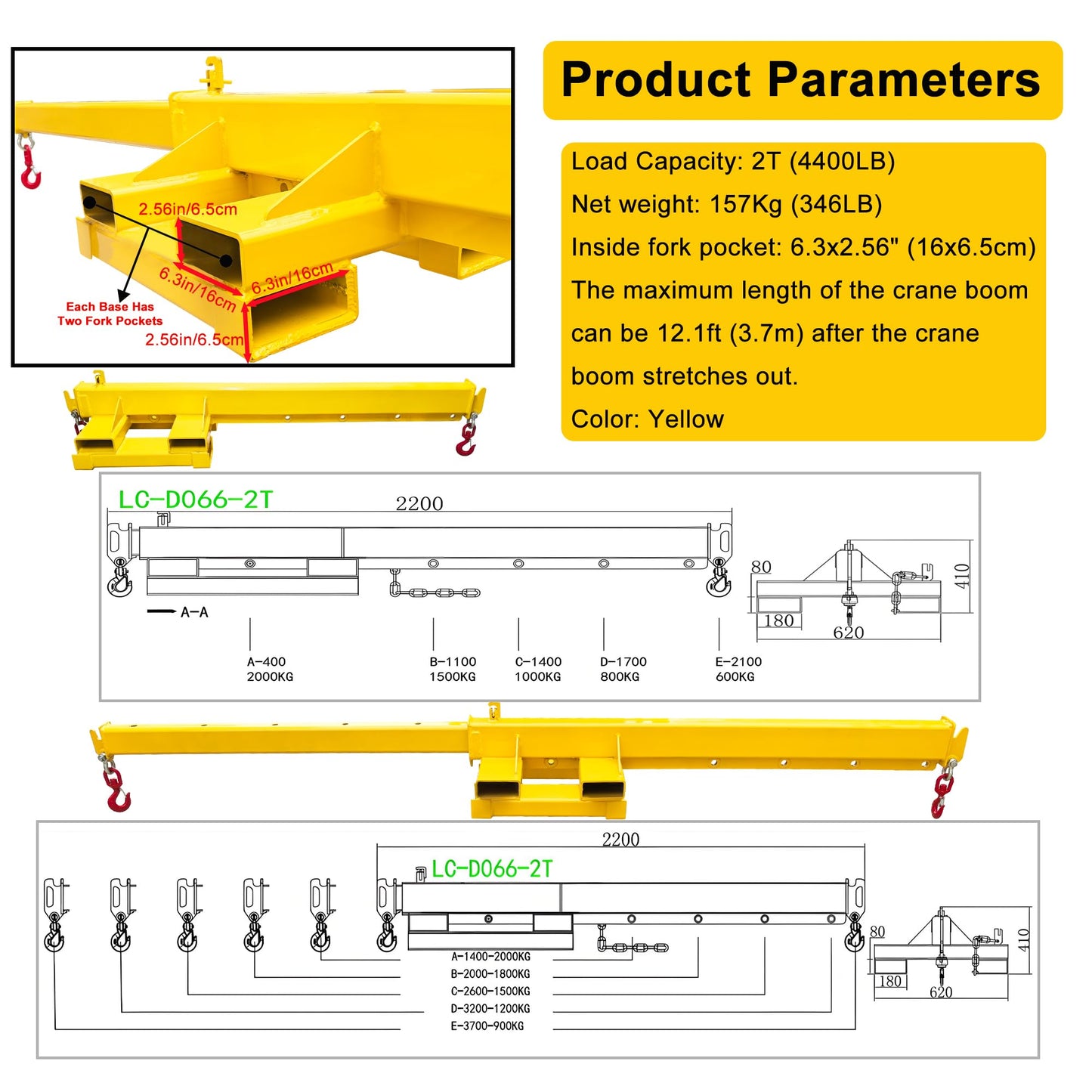 HayWHNKN 2T Forklift Jib Boom Hoist 12.1FT Bidirectional Telescopic Mobile Crane Attachment with 2 Bases, 2 Hooks, 6.3x2.56'' Socket, Lifting Towing Handling for Warehouse & Construction Material