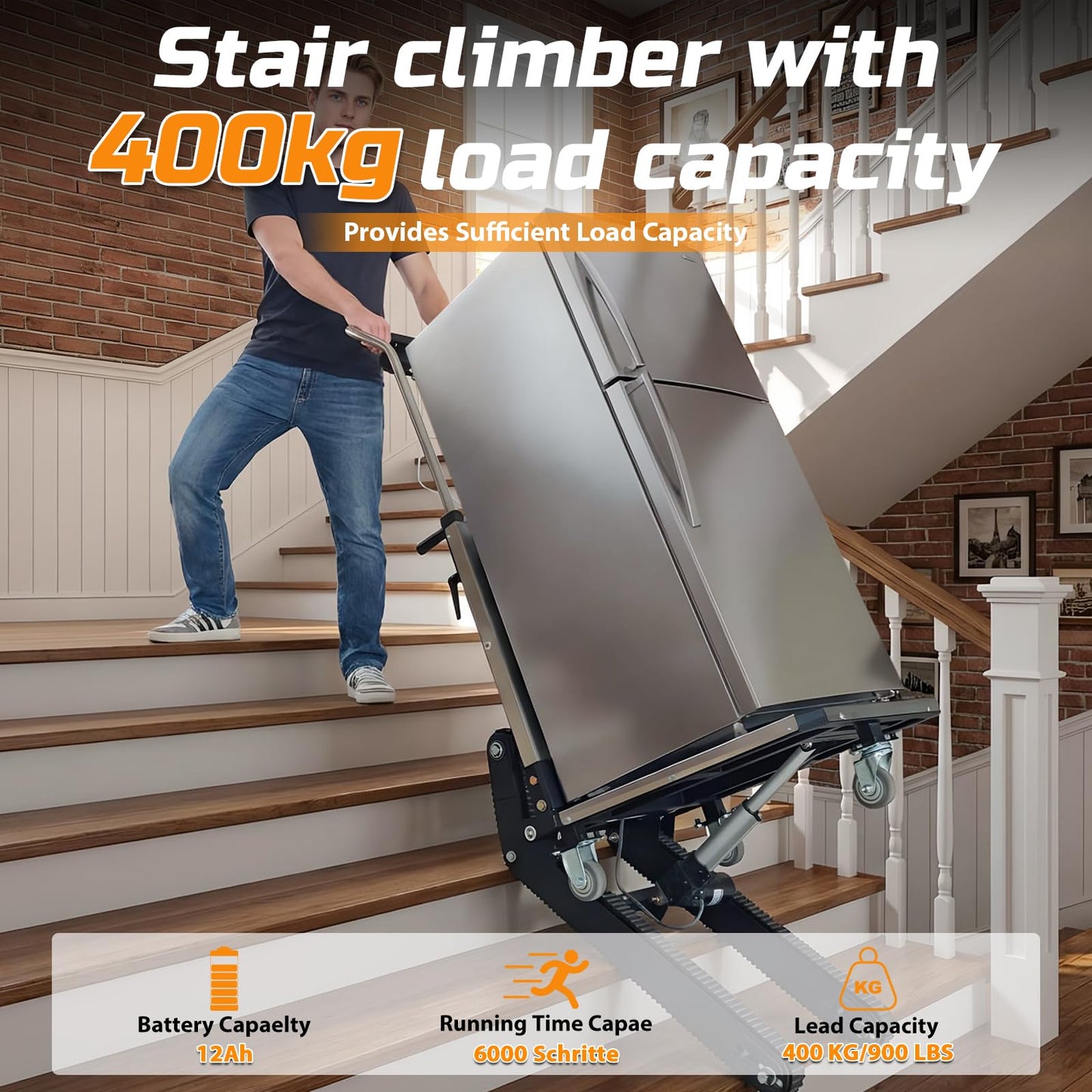 1200W Electric Stair Climbing Hand Truck with Upgraded Tracks & Height‑Adjustable Tray, 900lbs Stair Climber Trolley Lithium Battery with Safety Rope, Heavy Duty Stair Climber, Warehouse Logistics