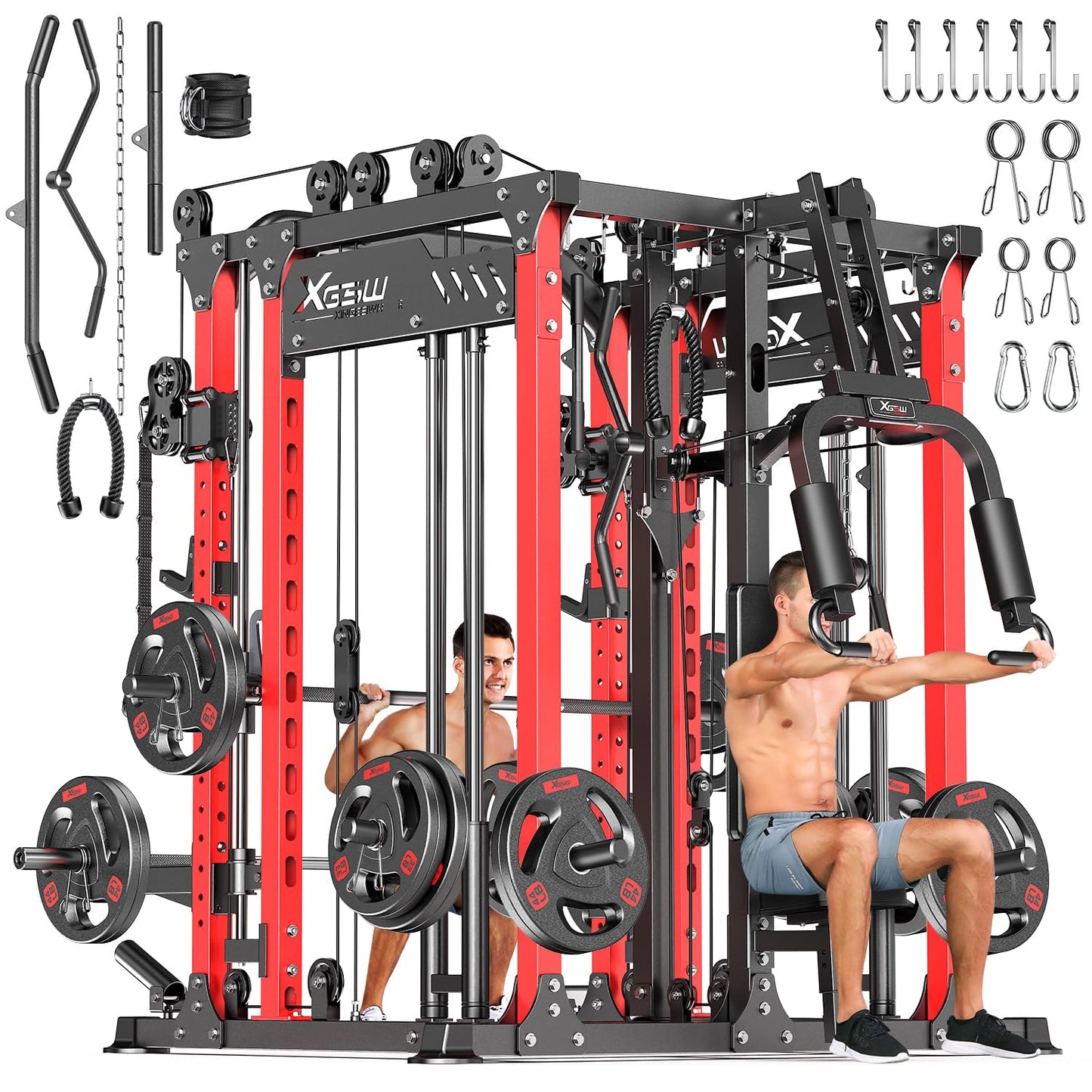 Multi-Purpose Squat Rack,Smith Machine Weight Rack Set with Cable Crossover System, Home Gym Power Racks, Power Racks and Packages (L06 two users, Power cage Red+bench+Cast lron 220LBS)
