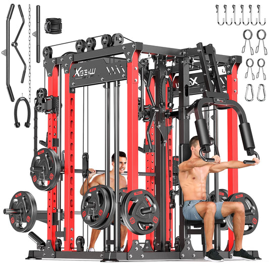 Multi-Purpose Squat Rack,Smith Machine Weight Rack Set with Cable Crossover System, Home Gym Power Racks, Power Racks and Packages (L06 two users, Power cage Red+bench+Cast lron 220LBS)