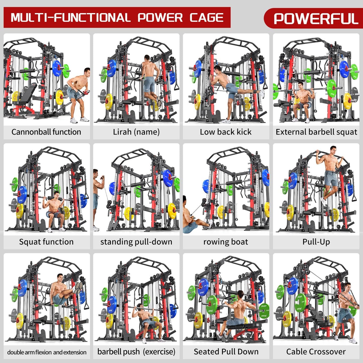 XGSW XINGESIWR Multi-Purpose Squat Rack,Smith Machine Weight Rack Set with Cable Crossover System, Home Gym Power Racks, Power Racks and Packages (L05, Power cage Red+Bench+(Pole+Color BP) 400LBS)