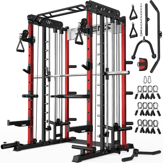 JELENS Smith Machine for Home Gym, Multi-Function M12 Power Cage, Squat Rack with Smith Bar and More Attachment (Red, M12 Smith Machine)