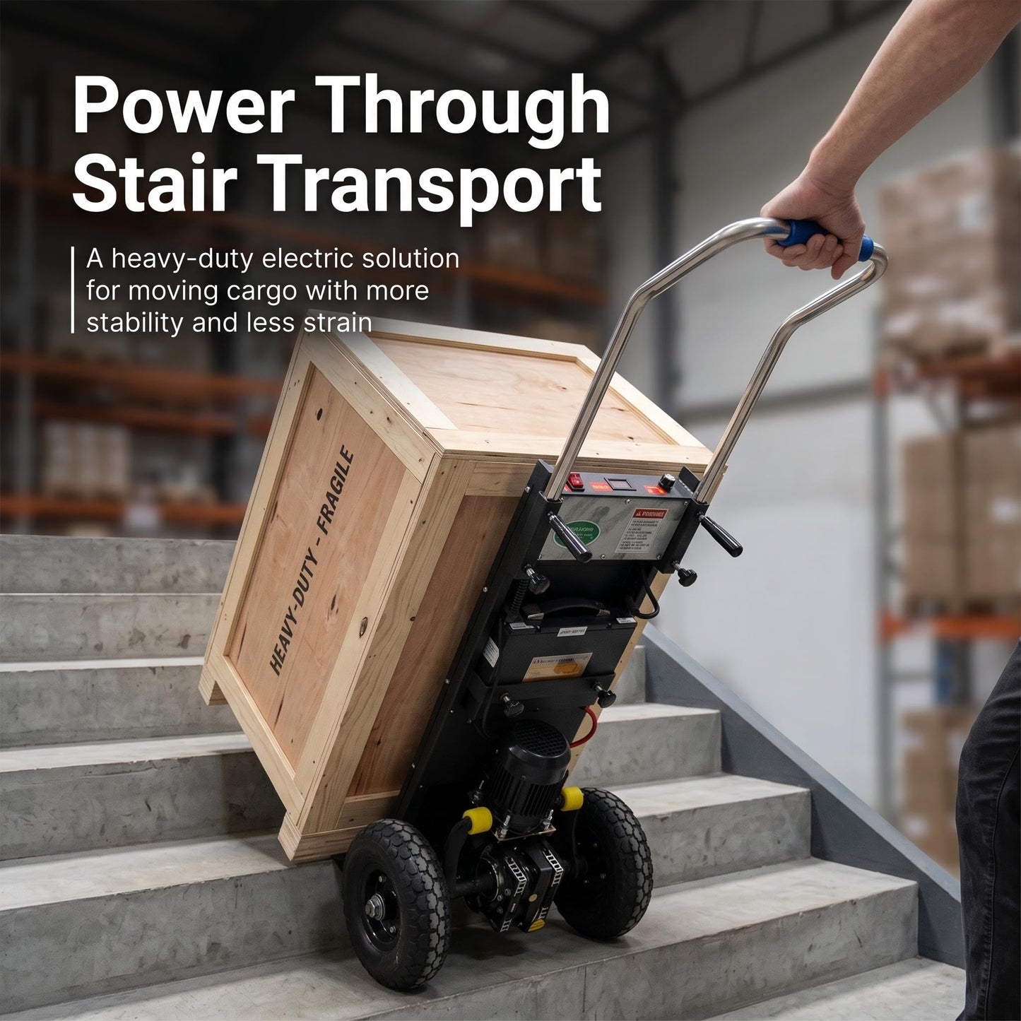 Large Load Capacity Electric Stair Climbing Cart, Electric Stair Climbing Machine for Construction, Electric Hand-Pushed Stair Climbing Vehicle with Lithium Battery