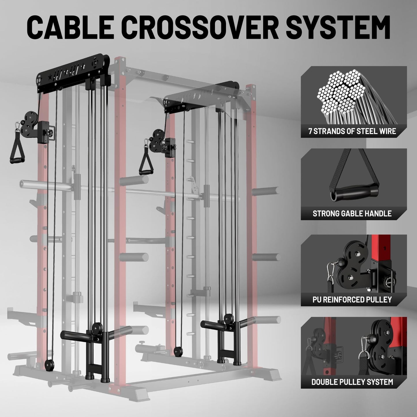JELENS Smith Machine for Home Gym, Multi-Function M12 Power Cage, Squat Rack with Smith Bar and More Attachment (Red, 230LB Black Weights Package)