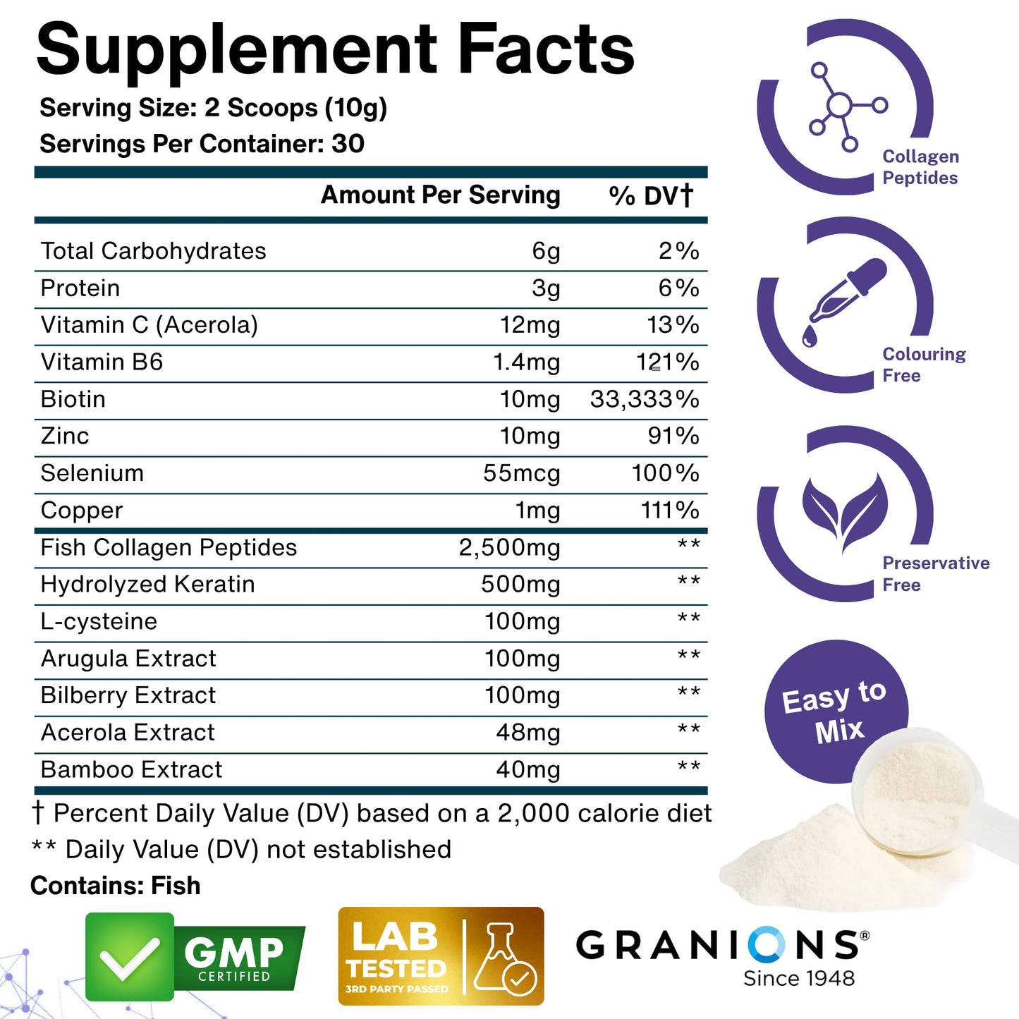 Granions Hair Supplements for Hair Growth Powder - 35,000 mcg biotin Collagen Keratin, Strength, Thickness, Loss Support for Women and Men - Collagen Peptides, Biotin 10,000, Keratin, Aminos - 10.5oz