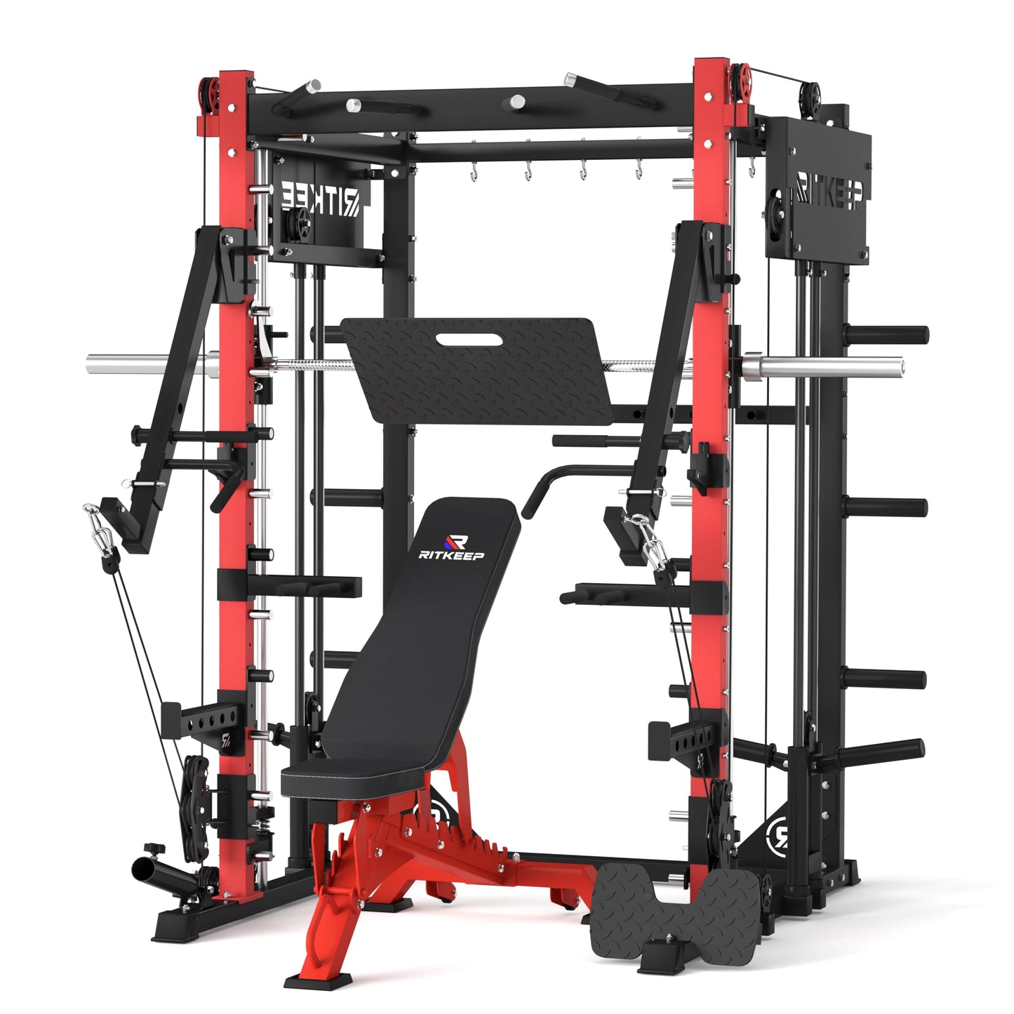 RitKeep PMAX-4750 Smith Machine with Jammer Arms and Leg Press Board, Adjustable 1:1 and 2:1 Pulley Ratios, 1800 LB Capacity,Multi-Function Commercial and Home Gym Equipment for Strength Training
