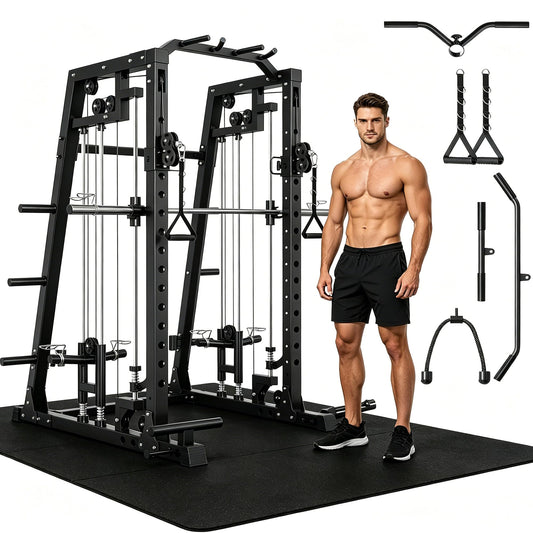 Smith Machine All-in-1 Home Gym, 2000 LBS Capacity Power Cage with Dual Independent Pulley System, 360° Landmine, Pull-Up Bar & Weight Storage – Heavy Duty Full Body Workout Station for Home & Garage