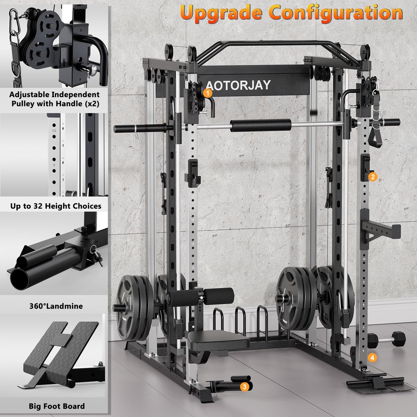 AOTORJAY Smith Machine with 230lbs Weight Plates - All-in-One Home Gym Power Cage with Cable Crossover, LAT Pull-Down, Squat Rack, Leg Press & Training Attachments for Full Body Strength Training