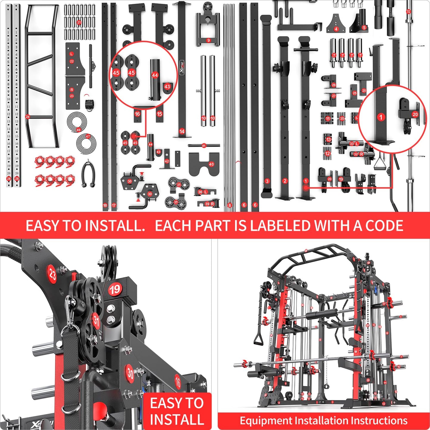 XGSW XINGESIWR Multi-Purpose Squat Rack,Smith Machine Weight Rack Set with Cable Crossover System, Home Gym Power Racks, Power Racks and Packages (L05, Power cage Red+Bench+(Pole+Cast lron) 338LBS)