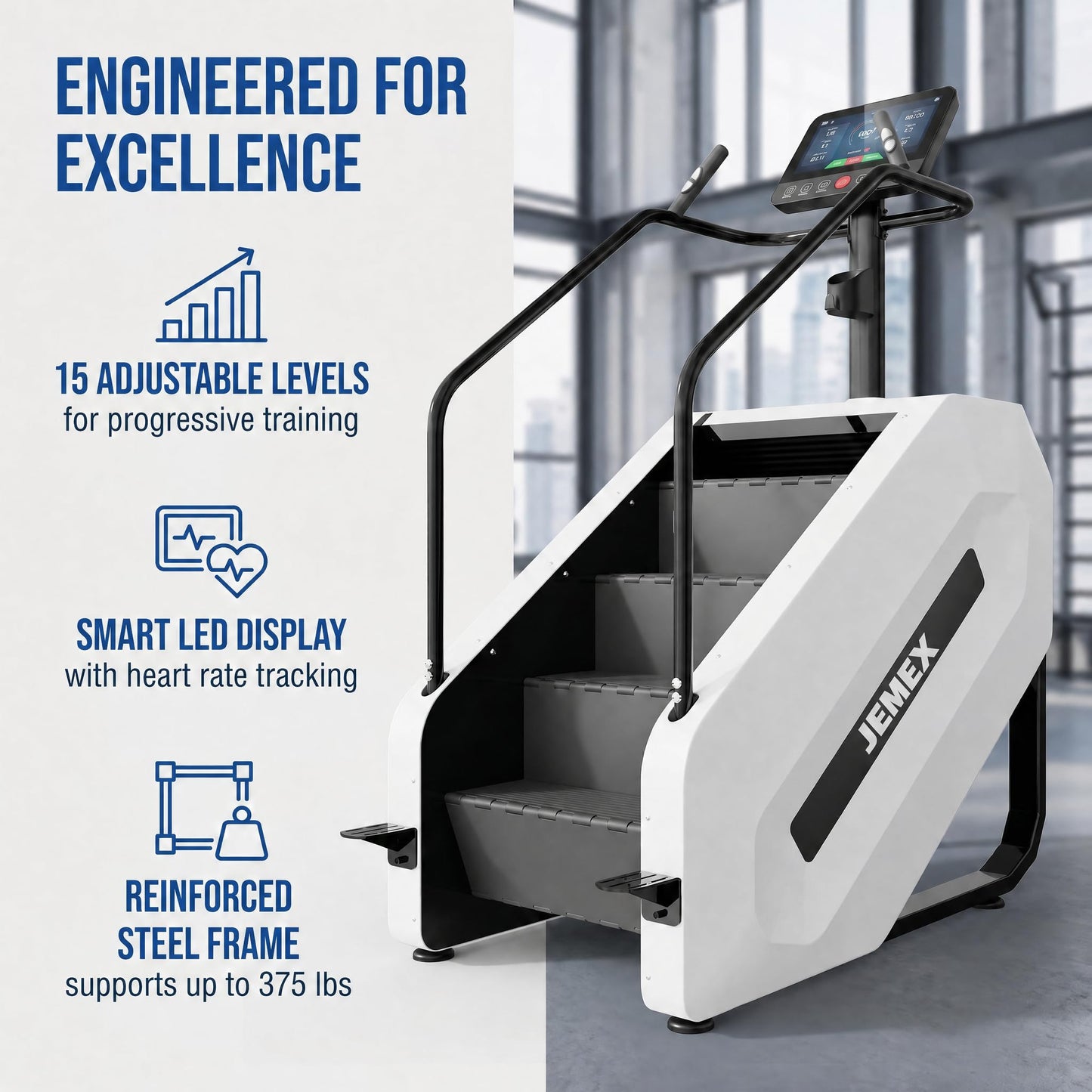 JEMEX Stair Stepper Machine, Heavy Duty Stair Climber with 15 Resistance Levels, Low Impact Cardio for Home Gym, Infrared Auto-Lock, LED or Standard Model, 375 lbs (White, LED Display)