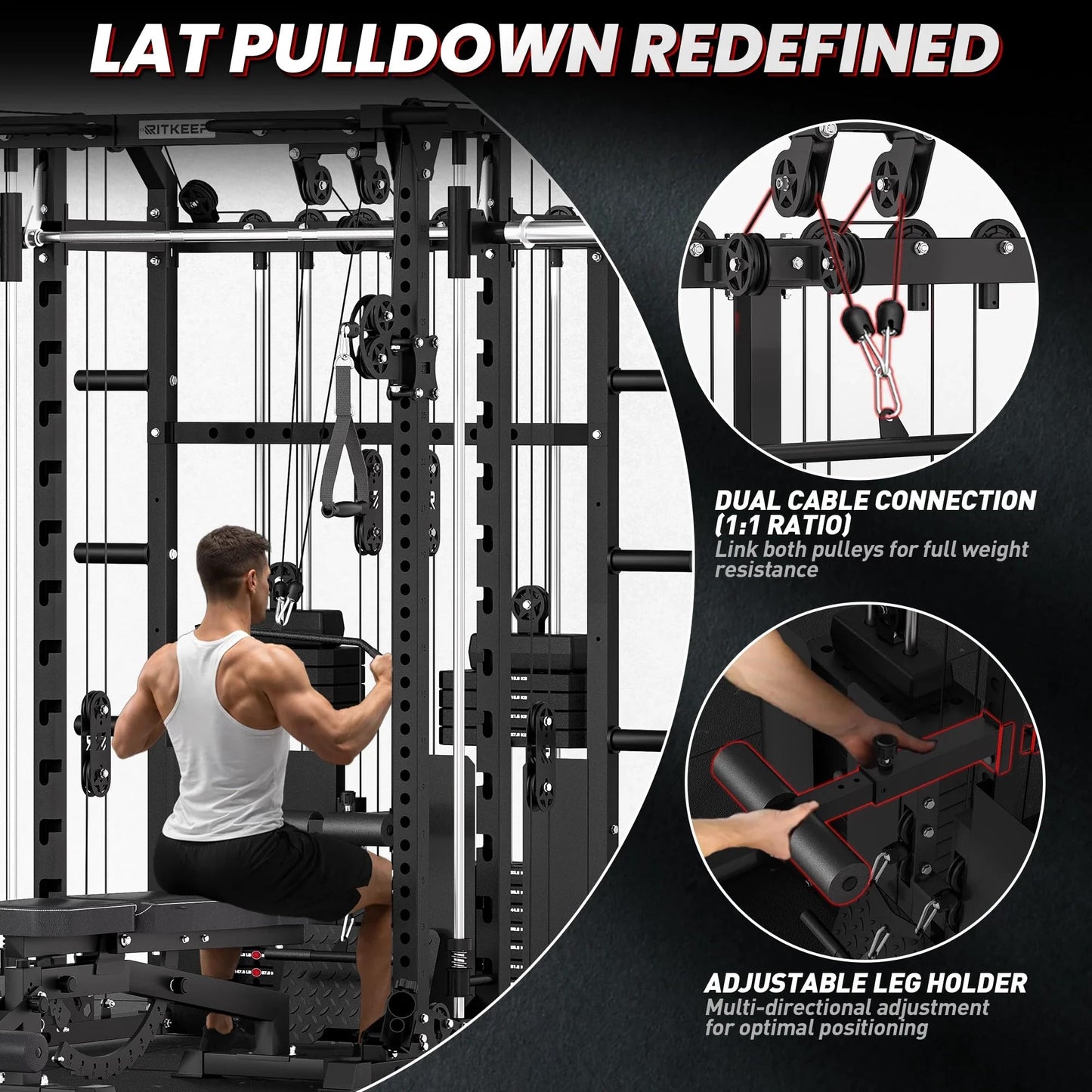 RitKeep Anvil S1 Multi-Function Smith Machine Power Rack with Dual-Drive Pulley, 320 LB Weight Stacks, 2500 LB Capacity, 10+ Equipment for Strength Training (Pro, Machine Only)