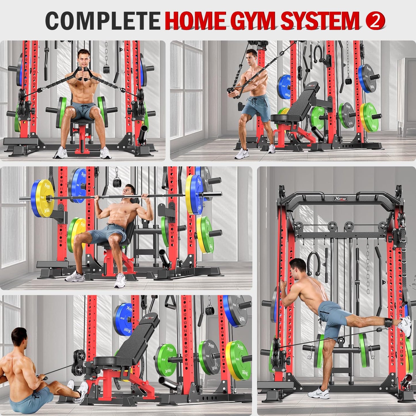 Power Rack Power Cage Multi-Function Squat Rack with Cable Crossover System Selectable More Training Attachment Power Rack for Garage & Home Gym (Red, A Set L02 Power Cage)