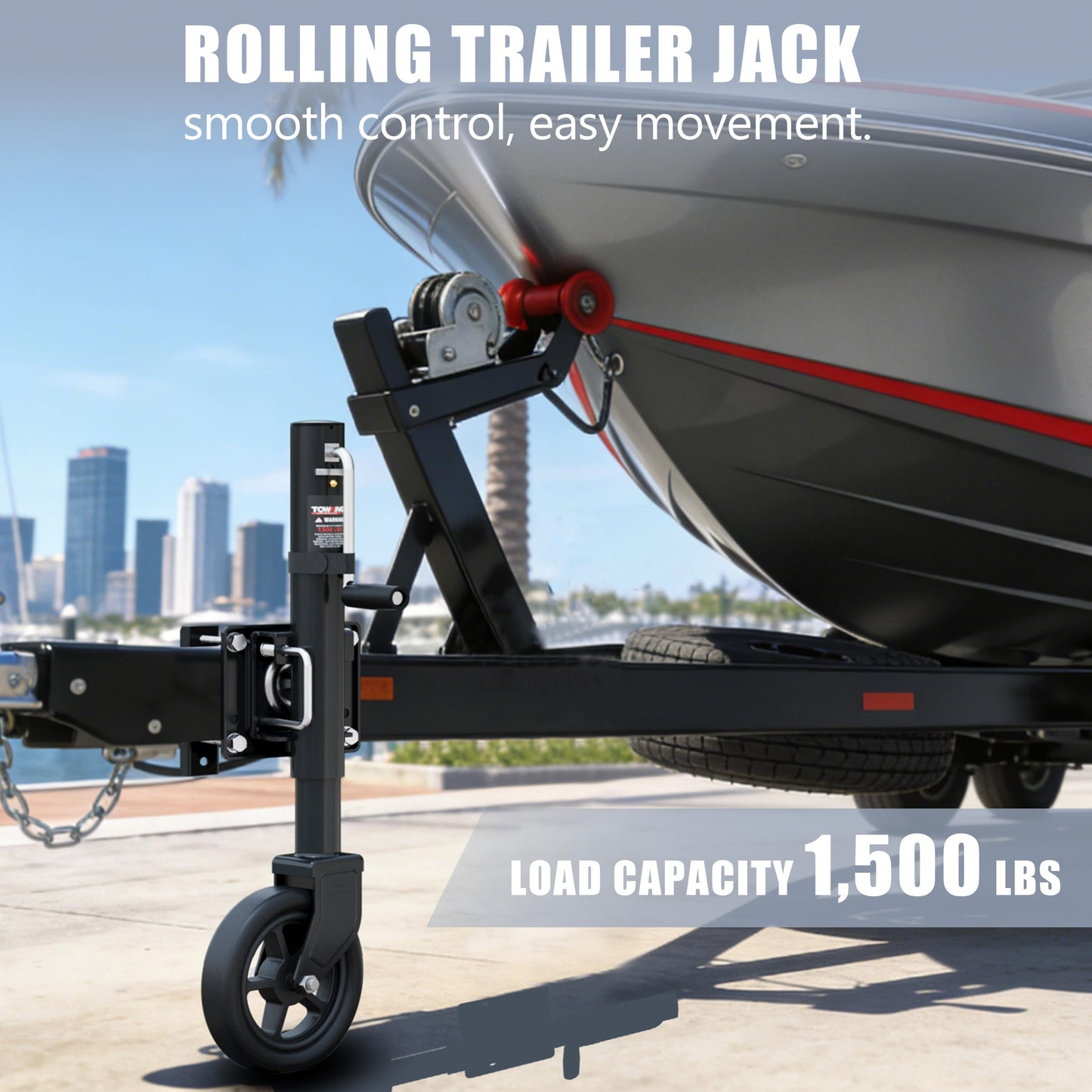 TOWKING 8" Spoke Wheel Trailer Jack, 10" Vertical Movement, 1500 lbs, for RV, Boat, Trailer and More, Black