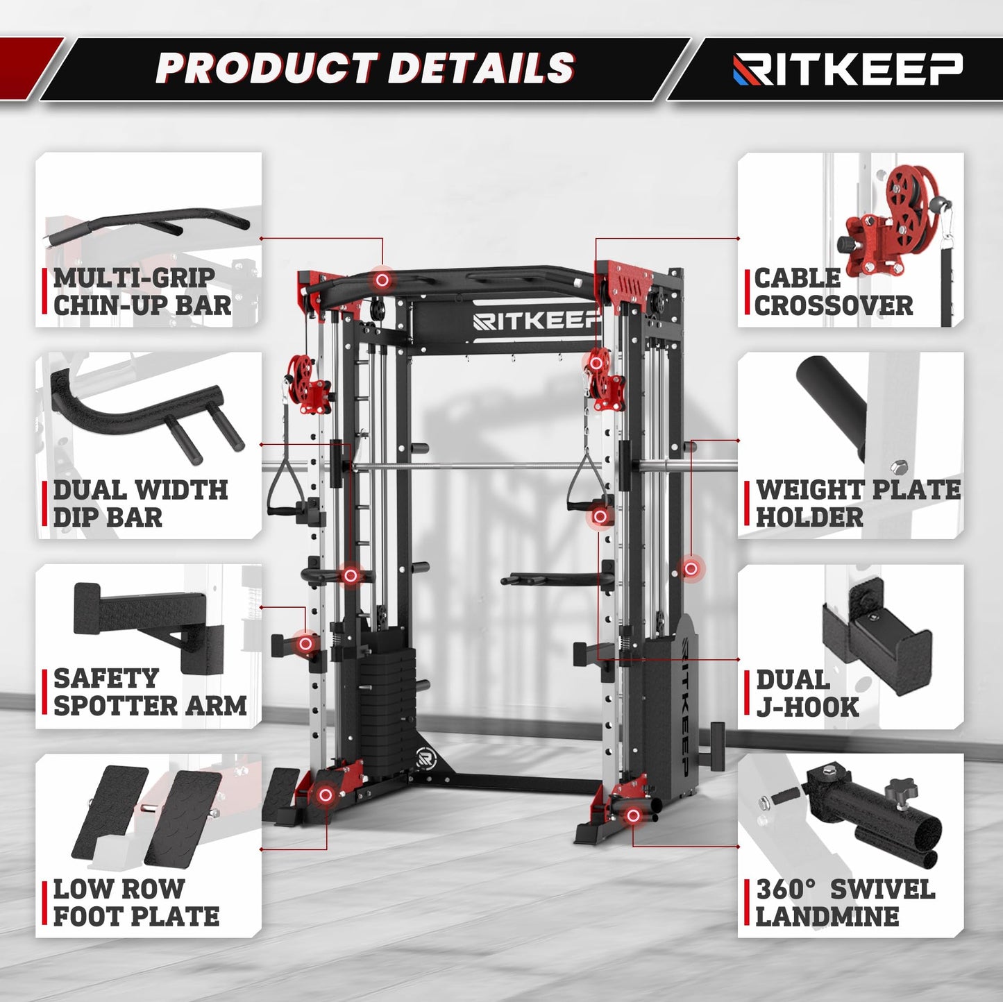 RitKeep PMAX-5600 Heavy-Duty Smith Machine Squat Rack with 320 LB Weight Stacks, 6-in-1 Multi-Function Home Gym System, Dual Cable Crossover and 2000 LB Capacity for Full-Body Strength Training