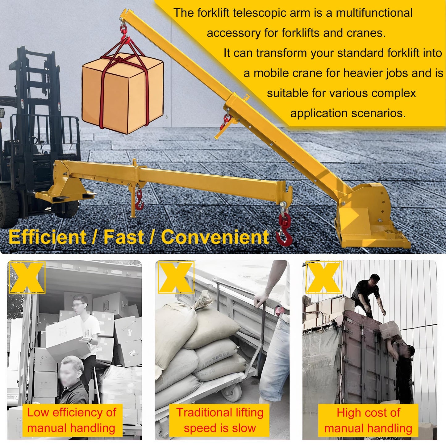 HayWHNKN 2T Forklift Telescopic Jib Boom Forklift Mobile Crane with 0-75° Adjustable Tilt Angle, 7-12ft Extension, 2 Hooks, Heavy-Duty Lifting Hoist Towing Handling for Warehouse Construction Factory