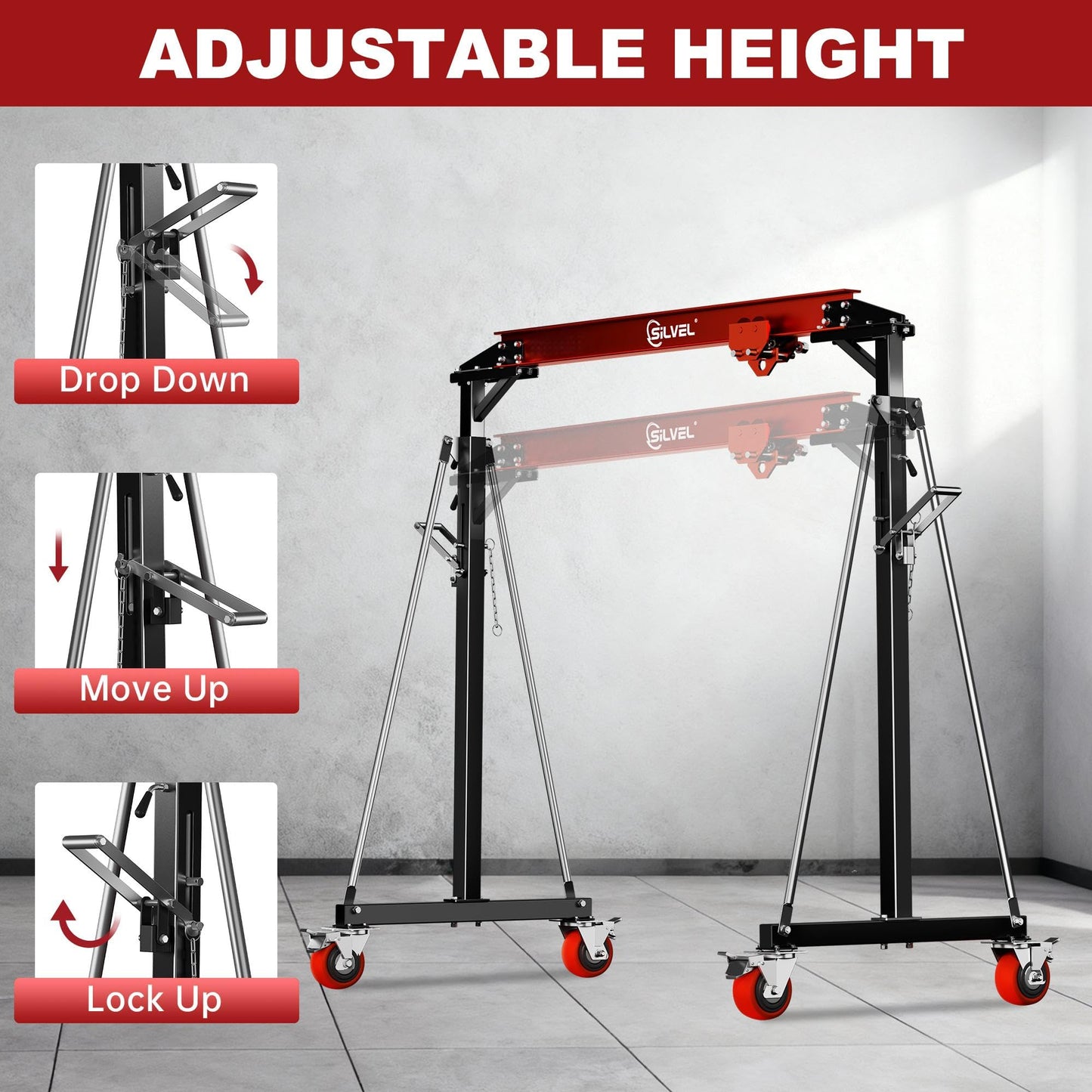 SILVEL Gantry Crane 1 Ton MAX3000LBS, Adjustable Height 8.53 to 12.47ft with Triangle Base, Portable I-Beam Hoist for Factory, Warehouse, Auto Repair & Construction, Red
