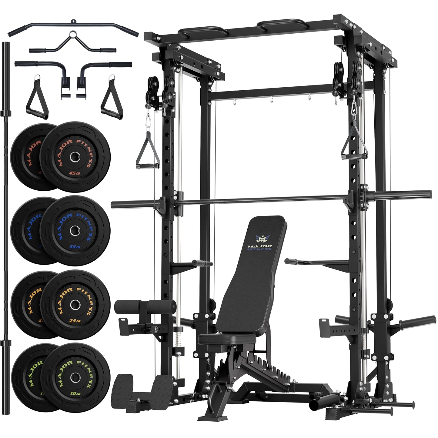 MAJOR FITNESS Drone3 Smith Machine, 2500lbs All-in-One Home Gym Power Rack with Dual Pulley System for Cable Crossover, Pull-Up Bars (D3SMS-BK (with Bench Elite BLK & 230LB BLK BP & Bar))