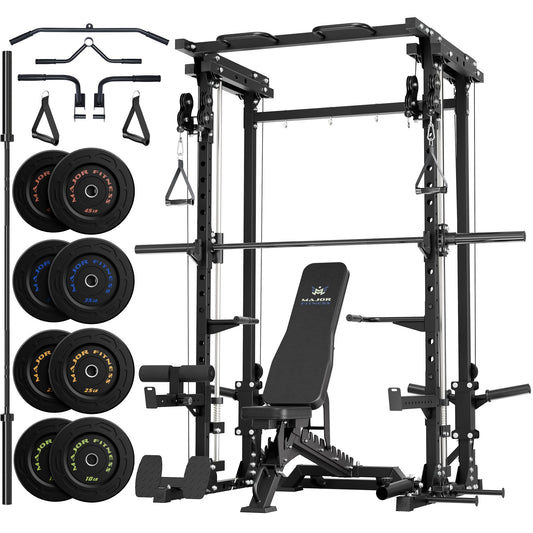 MAJOR FITNESS Drone3 Smith Machine, 2500lbs All-in-One Home Gym Power Rack with Dual Pulley System for Cable Crossover, Pull-Up Bars (D3SMS-BK (with Bench Elite BLK & 230LB BLK BP & Bar))