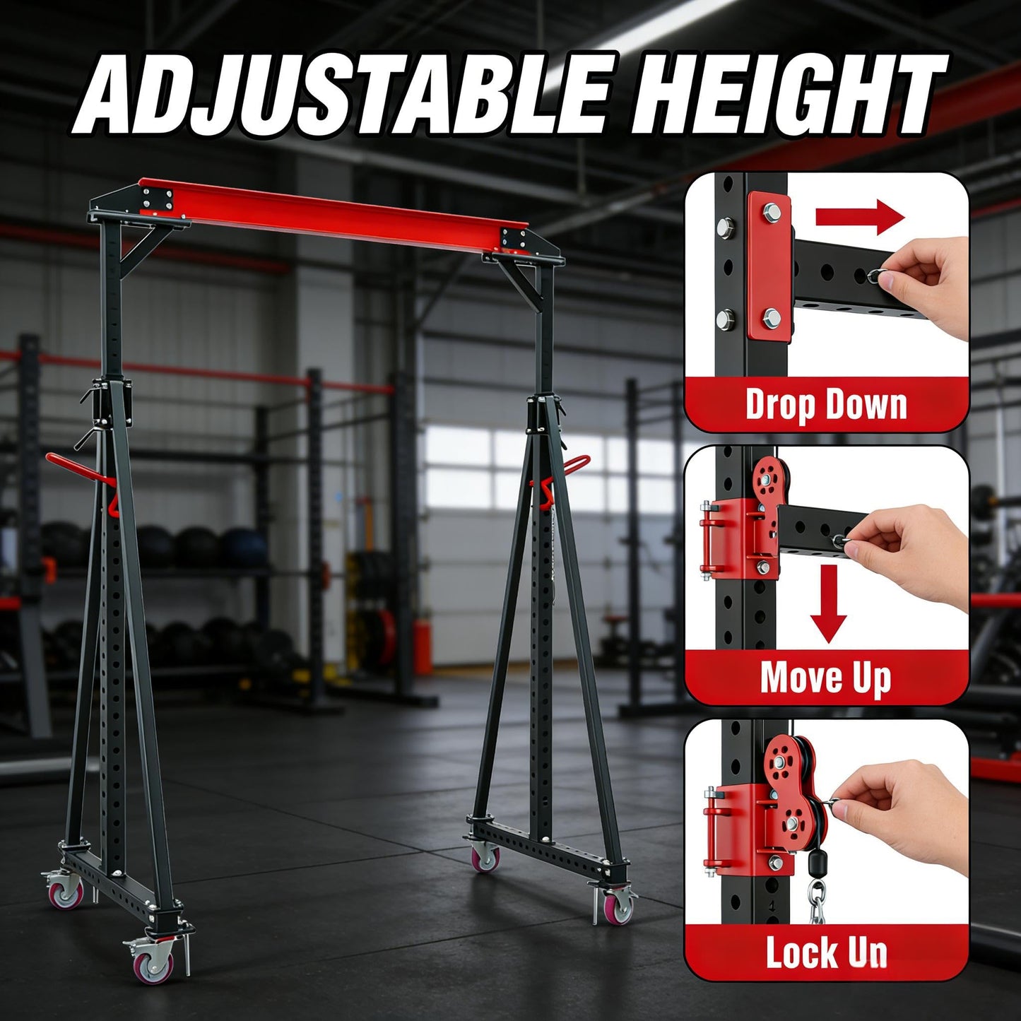 Adjustable Gantry Crane 1 Ton 2200 Lb, 12 Height Positions 97-141 in, Triangle Base a-Frame, Heavy Duty Steel i-Beam, Portable Lifting Crane for Warehouse, Shop, Construction