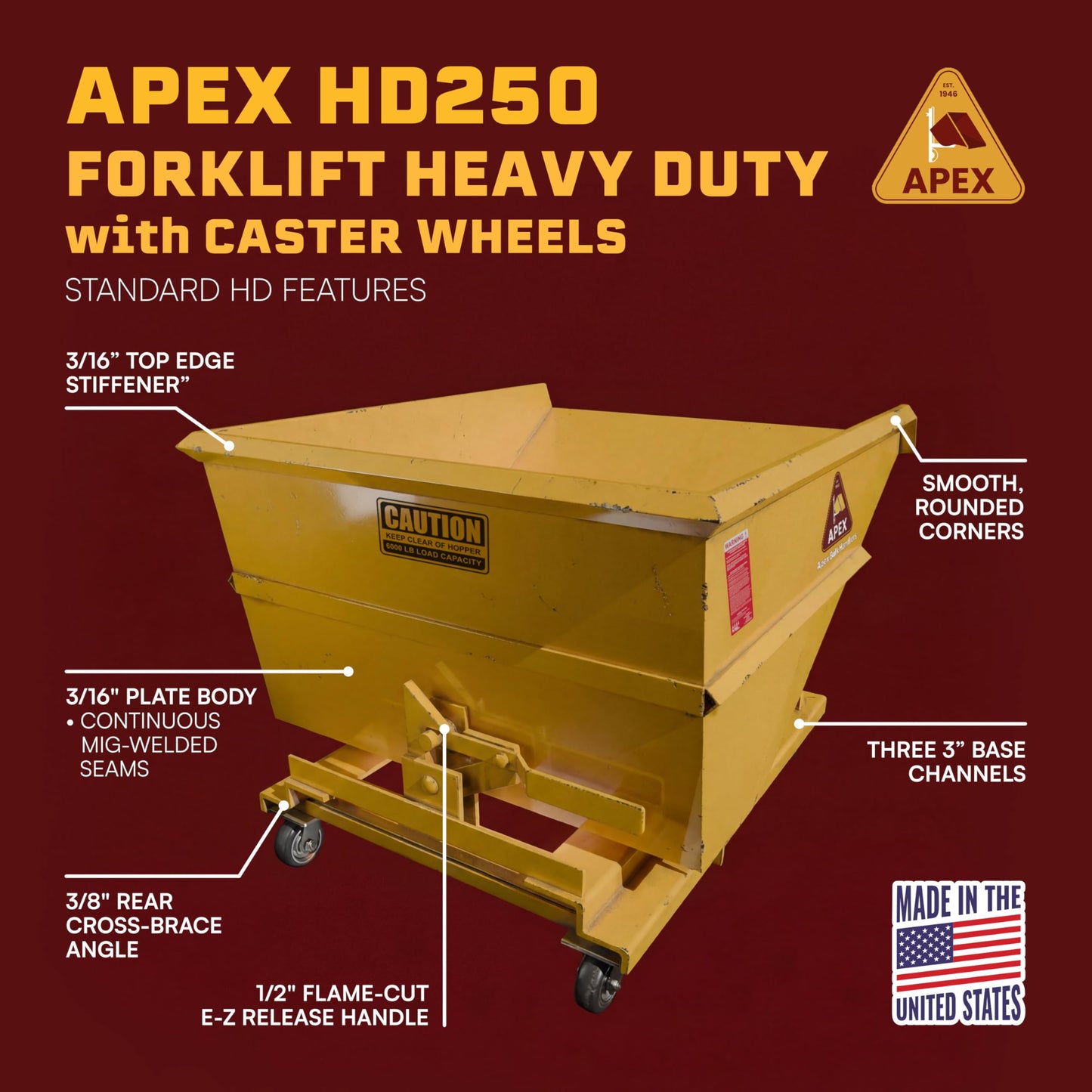 Apex Heavy Duty Self-Dumping Hopper with Casters, 2 1/2 Cubic Yard Capacity, 6000 lb Load Capacity, Durable Steel Construction, Commercial and Industrial Use, Made in The USA (2 1/2 Cubic Yard)