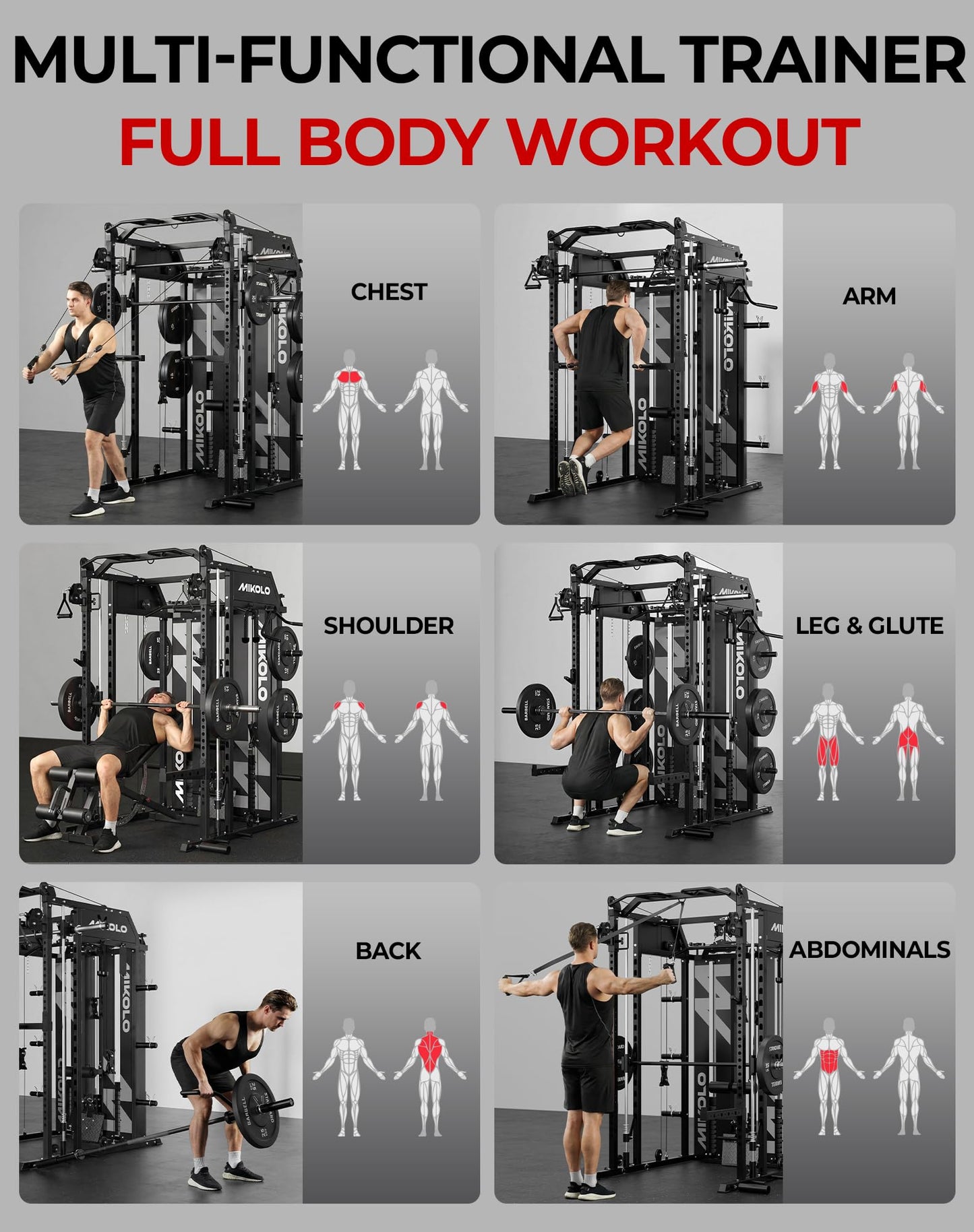 Mikolo Smith Machine with Weight Stack, Power Cage Home Gym System with LAT Pulldown & Cable Crossover, Multi-Functional Trainer with Dual Pulley System, Includes 10+ Free Attachments