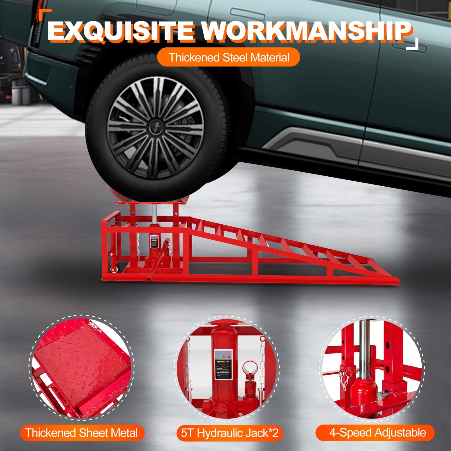LOCKIETTA 2 PCS Hydraulic Car Ramps with Wheels, 11065LBS 5T Heavy Duty Car Ramp with Hydraulic Jack, Portable Car Lifts for Oil Changes for Home Garage, 9"-14.2" Lifts, Red