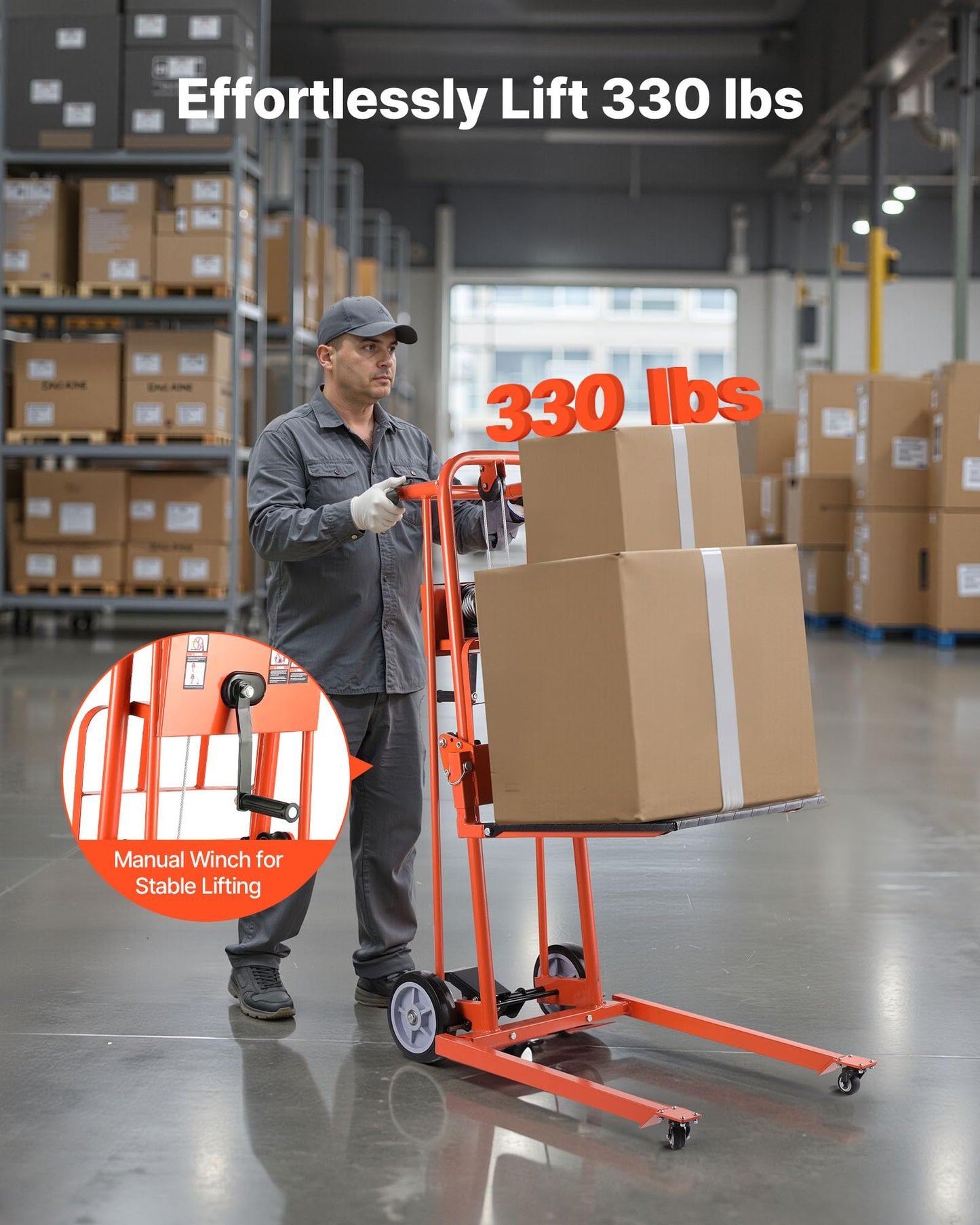 VEVOR Material Lift Winch Stacker, 330 lbs Capacity Hand Winch Lift Truck, 42.9 inch Lifting Height, Multifunctional Manual Pallet Truck Dolly with Swivel Casters & Lift Plate