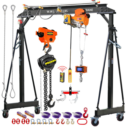 Electrical Gantry Crane 2000 LBS - 8.53 FT Wide，Adjustatable Crane with Electrical Hoist, Garage Crane 1T with Manual Hoist, Trolley, Scale, Sling, Shackle, Hook, Hammerlock Coupling (8.5 FT Width)