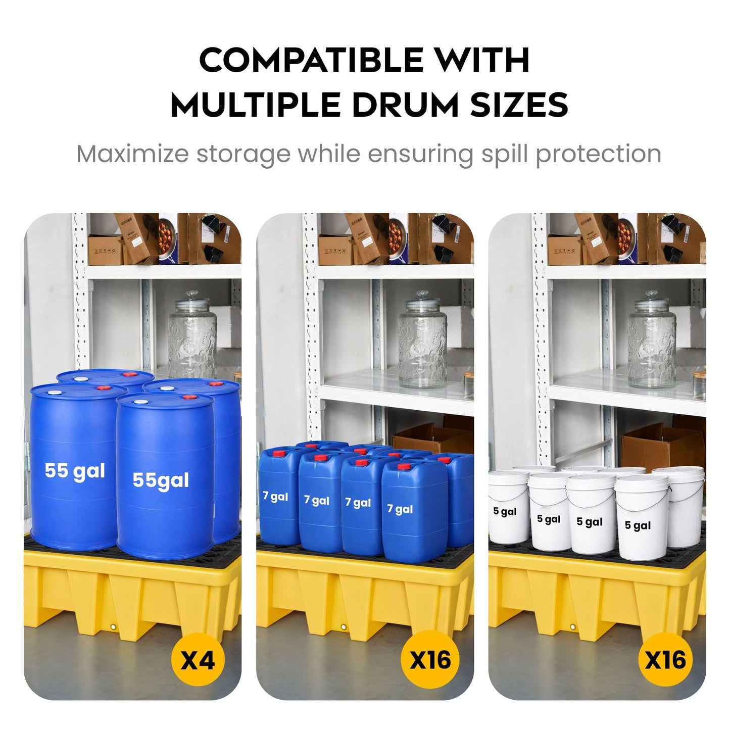 Spill Ready High Capacity 4 Drum Spill Containment Pallet - 51" x 51" x 18" - 114 Gallon Sump, (4-Pack) HDPE Drum Containment with Drain and Forklift Pockets, Yellow - Secondary Containment Pallet
