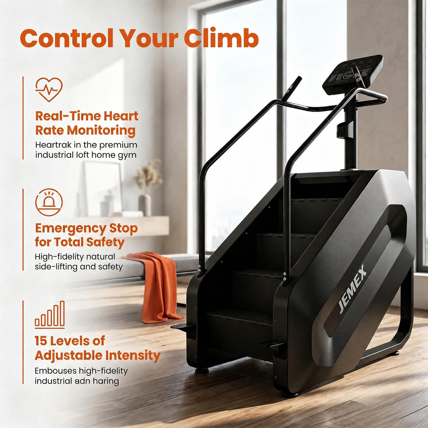 JEMEX Stair Stepper Machine, Heavy Duty Stair Climber with 15 Resistance Levels, Low Impact Cardio for Home Gym, Infrared Auto-Lock, LED or Standard Model, 375 lbs (Black, Standard Button)