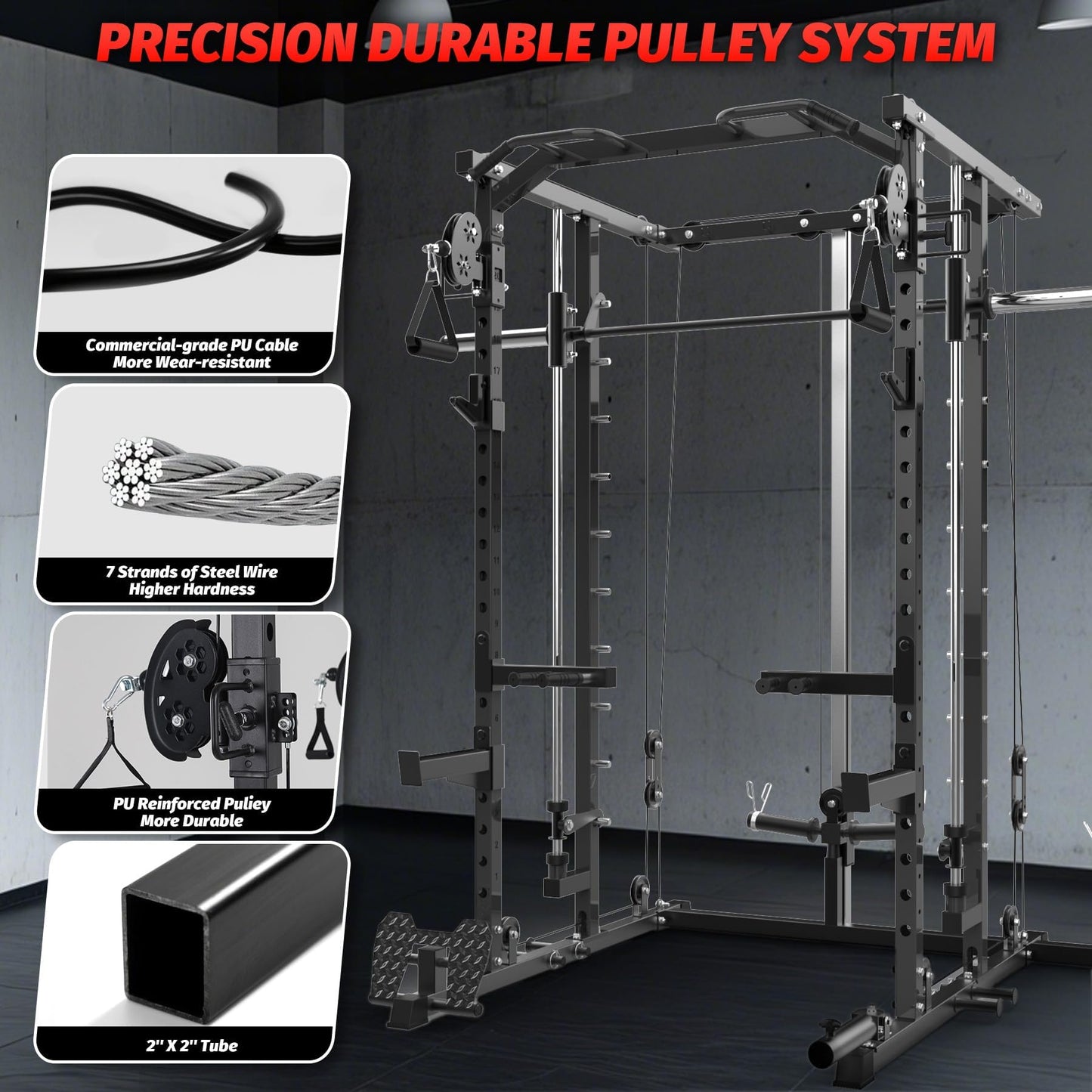 GAOMON Smith Machine Squat Rack, Heavy Duty Strength Training Power Cage with Pulley System, Dip Bar, LAT Pulldown, Multifunctional Workout Machine for Home Gym, Studio, Black