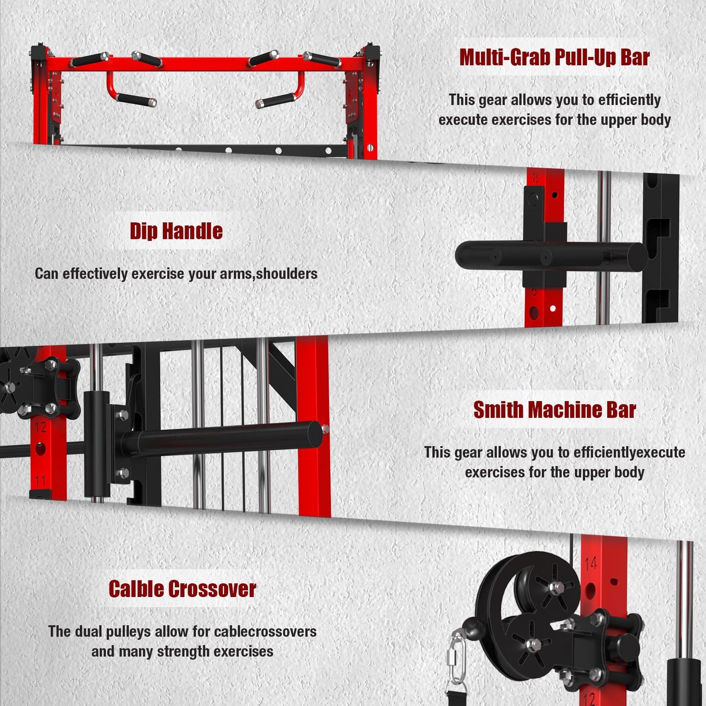ONNO Smith Machine, 2200lbs Squat Rack with LAT-Pull Down & Cable Crossover System, Multi-Function Power Cage for Home Gym with Leg Hold-Down Attachment, Red