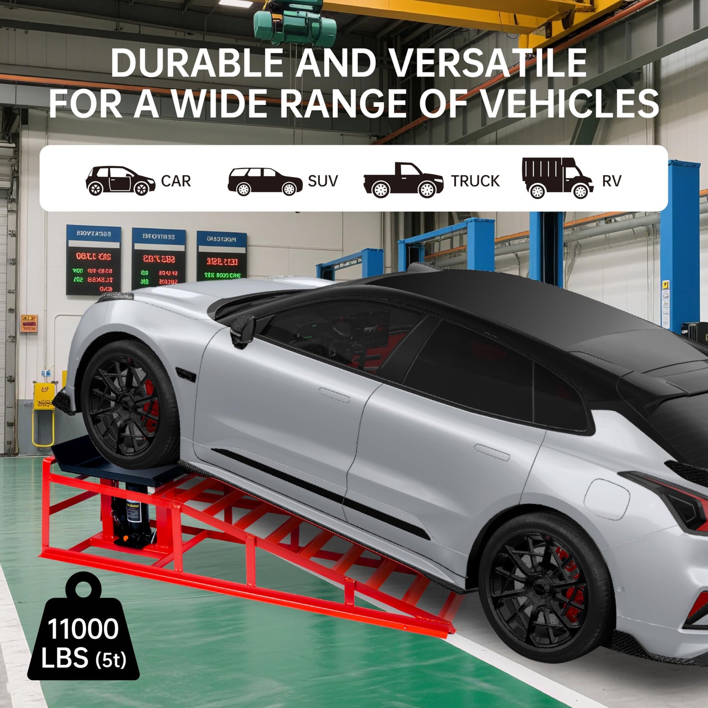 5 Ton (11000 lbs) Capacity Hydraulic Low Profile Car Ramps with Pin Lock, 10.6 to 14.7 Inch Lift Range, for Auto & Home Garage Maintenance, Oil Changes