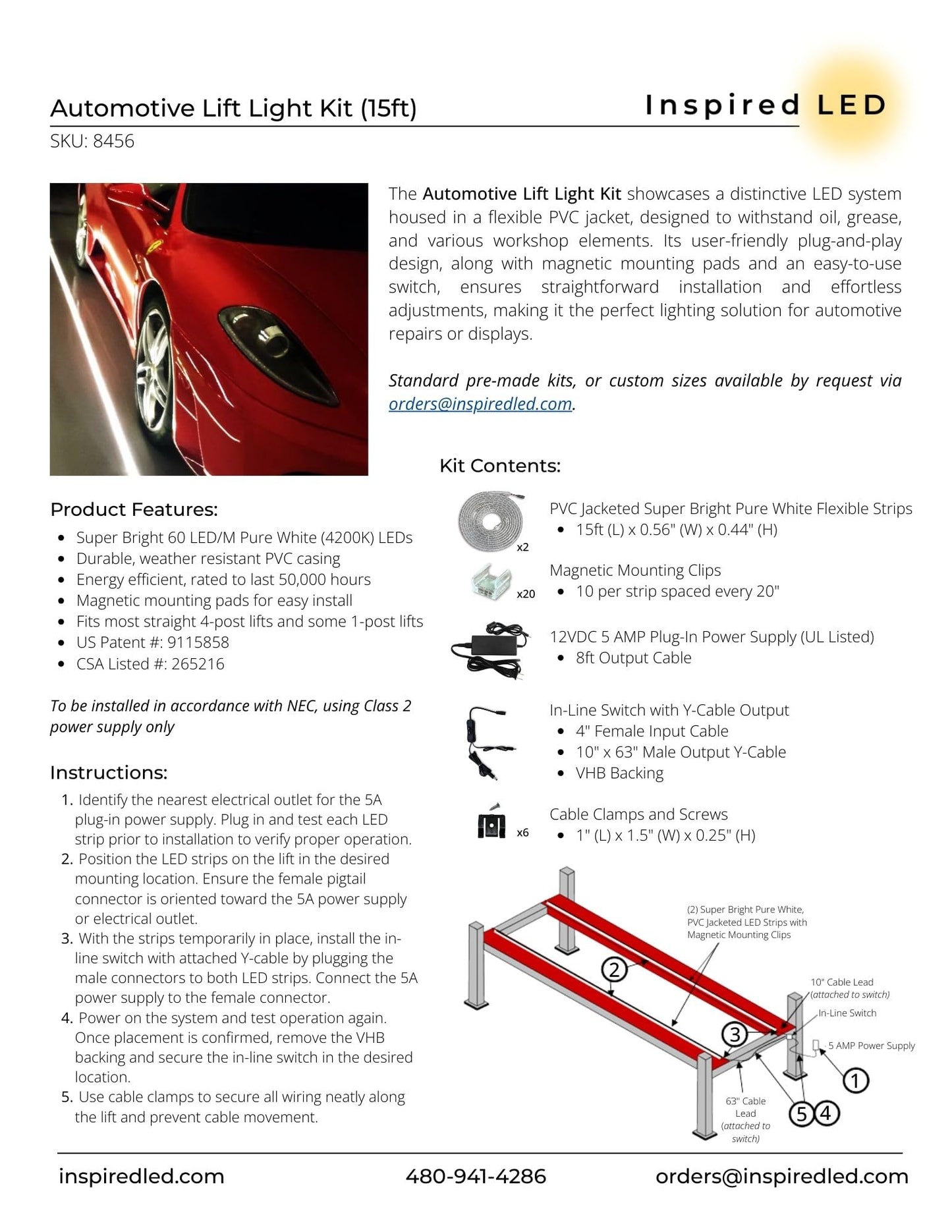 LED Lift Light Kit 15 Foot Set with 2 Light Strips Automotive Lift