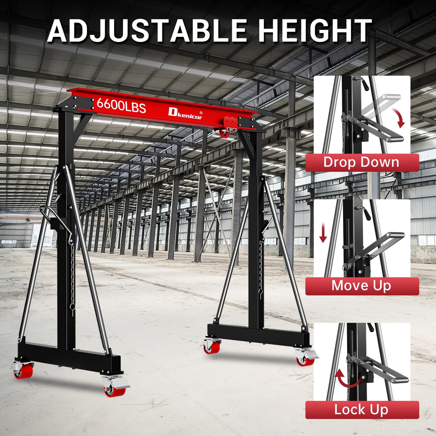 Dkenicor 3 Ton (Max.6600 LBS) Gantry Crane, Adjustable Height 8.53-12.47ft, Heavy-Duty Steel I-Beam Portable Hoist for Factories, Warehouses, Auto Repair, Construction, Red