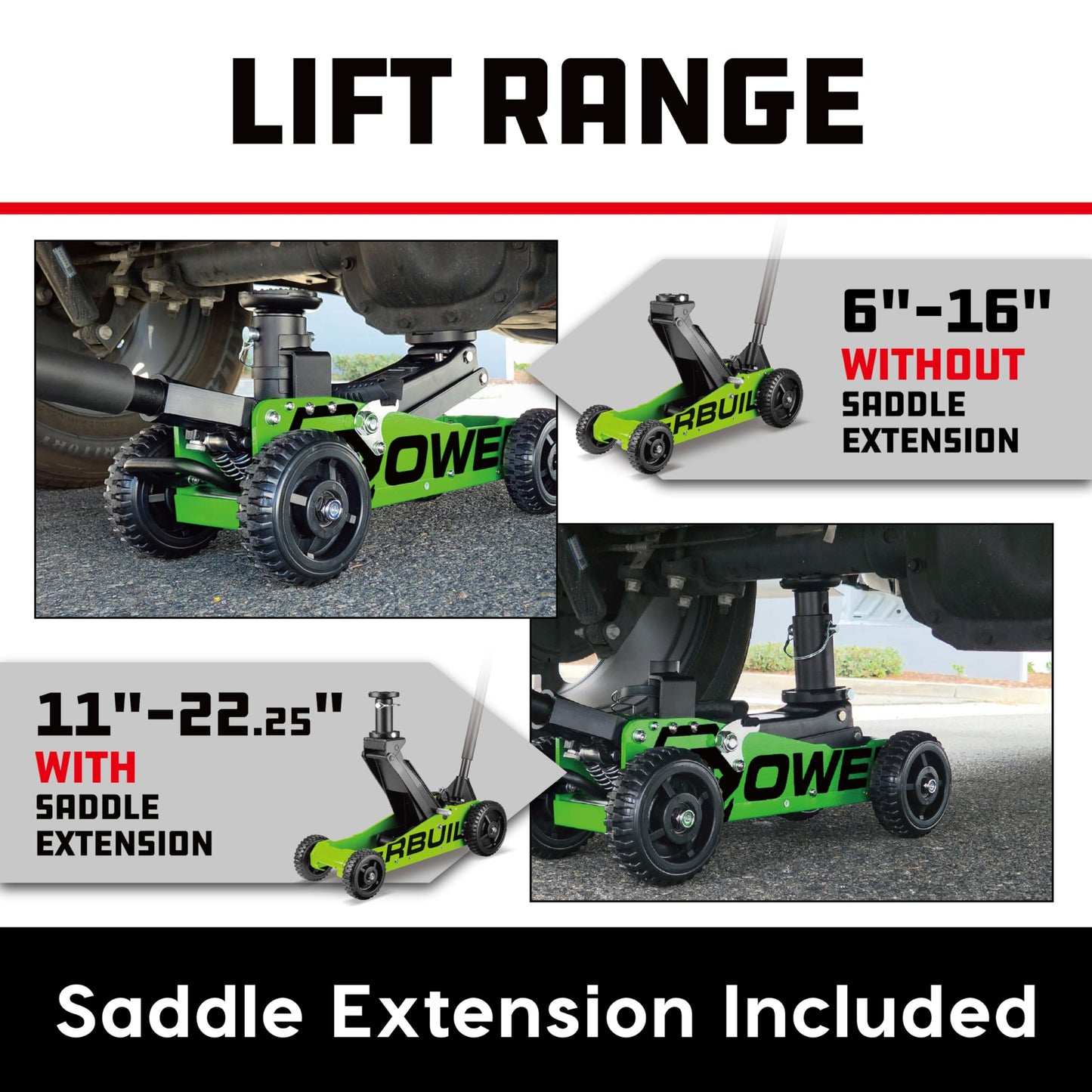 Powerbuilt 2.5 Ton Big Wheel Off Road Jack, Vehicle Lift for Trucks, SUVs, ATVs Offroad Vehicles, Oversized Wheels for Rugged Terrain, 5000 LB Capacity, Green 620624ECE