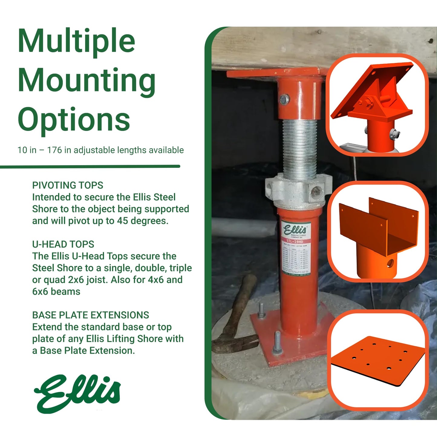 ELLIS Heavy-Duty Adjustable Steel Shore – Structural Support for Floor Leveling, Beams, and Concrete Reinforcement – 48,000 lb Safe Load Capacity – 19"-32" Adjustment