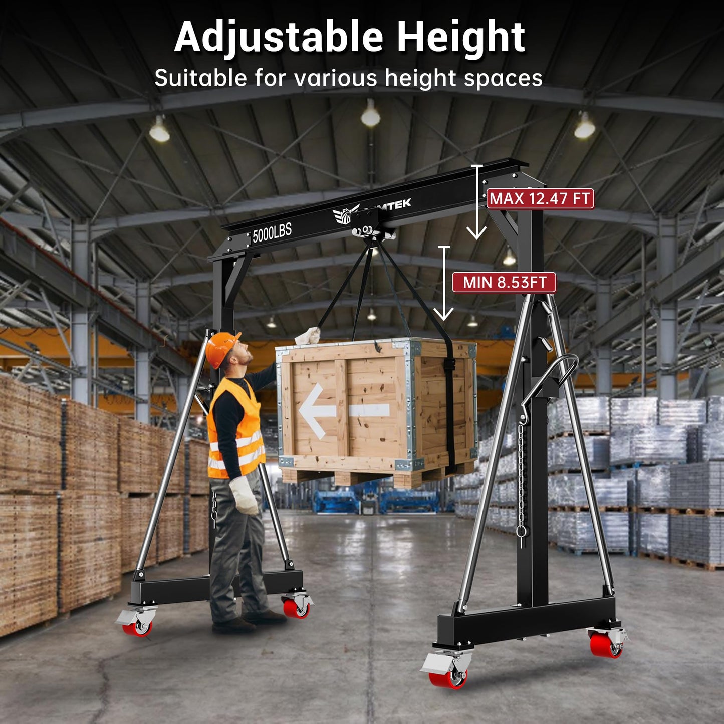 2 Ton Adjustable Gantry Crane,2026 Upgraded 5000LBS Steel I-Beam Construction, Portable Design with 360°Locking Wheels,Gantry Crane Adjustable Height from 8.53-12.5ft for Workshop,Garage