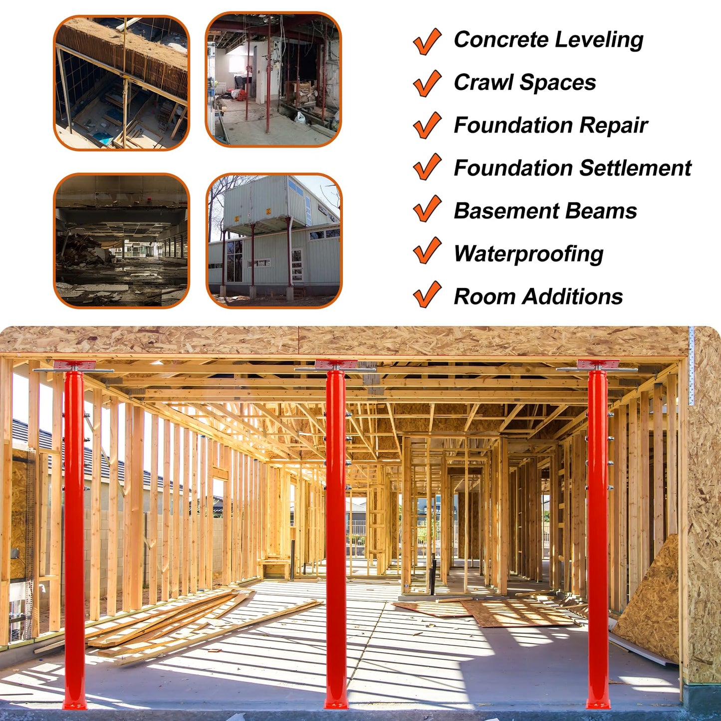 House Floor Jacks Post Pole for Leveling, 54"- 155" Height Range Lifting Shore House Jack Post, Adjustable Support Beam Basement House Jacks for Temporary Support, 18000 lbs Max Load Capacity