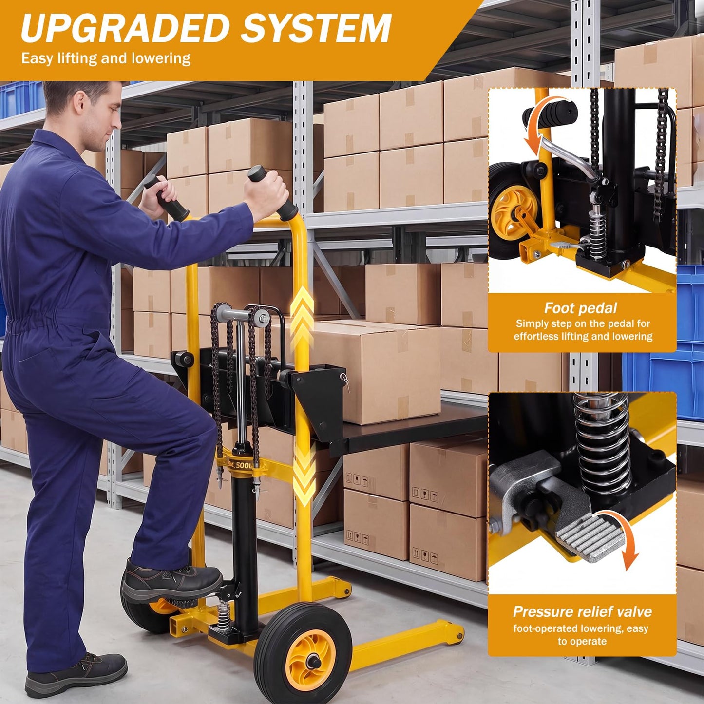900 Lbs Hydraulic Material Lift Stacker, Heavy Duty Manual Pallet Truck Dolly with Adjustable Forks, 40" Max Lift Height Portable Forklift Table Cart for Warehouse (Yellow)